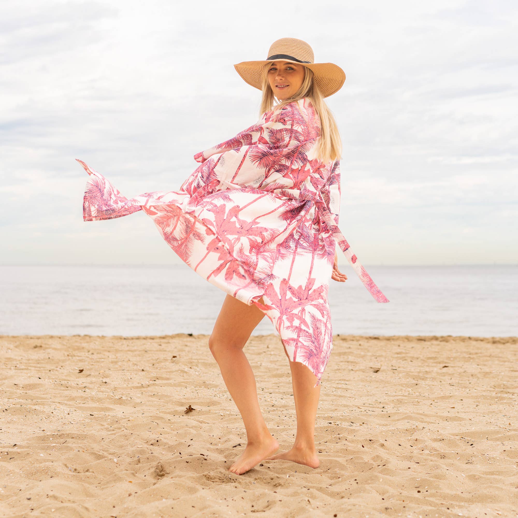 PINK PALM' Women's Cotton Kimono Robe - Elegant Palm