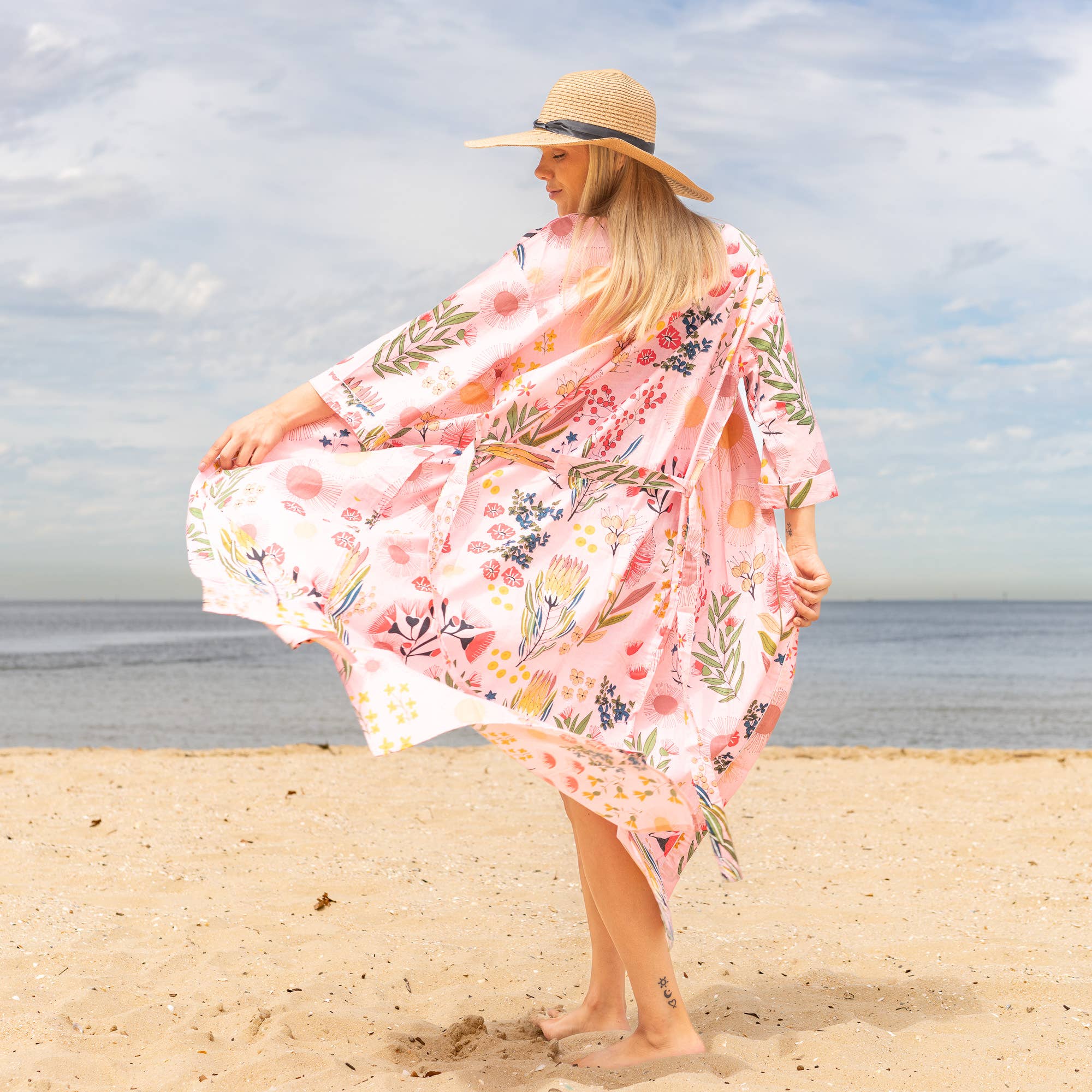 FLORAL BLOCK PRINT' Women's Cotton Kimono Robe - Unique