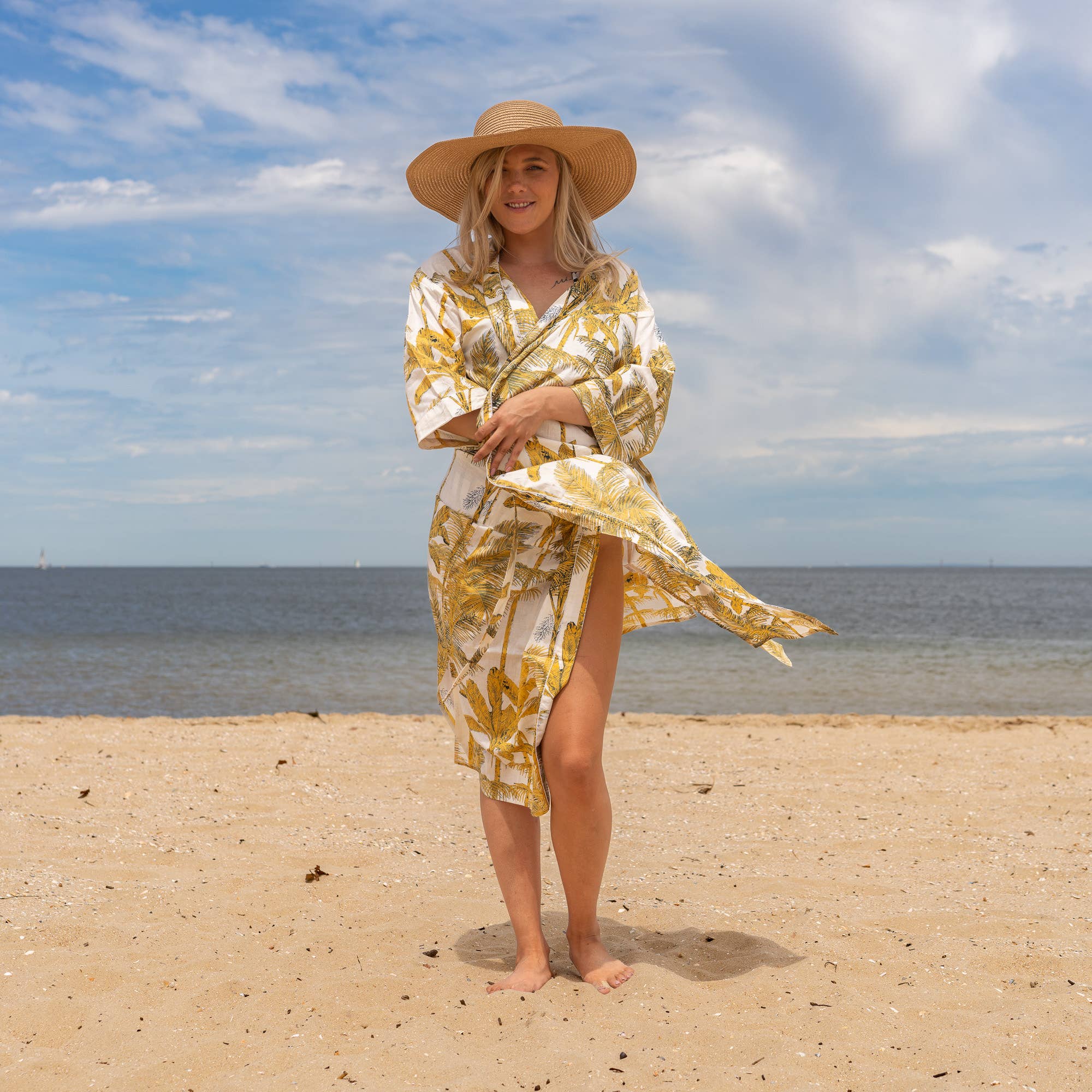 YELLOW PALM' Women's Cotton Kimono Robe - Bright Vibes