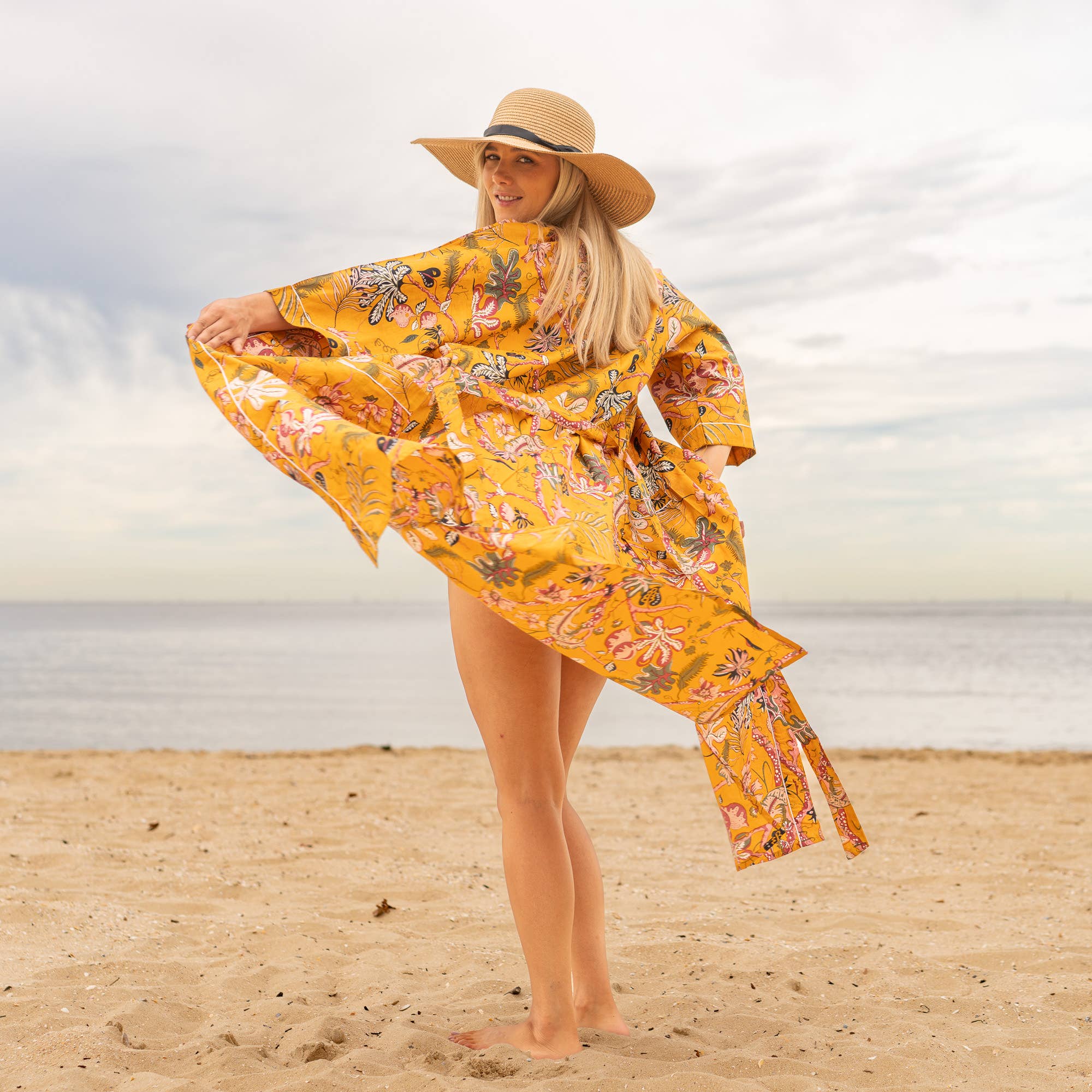 MUSTARD PARADISE' Women's Cotton Kimono Robe - Tropical