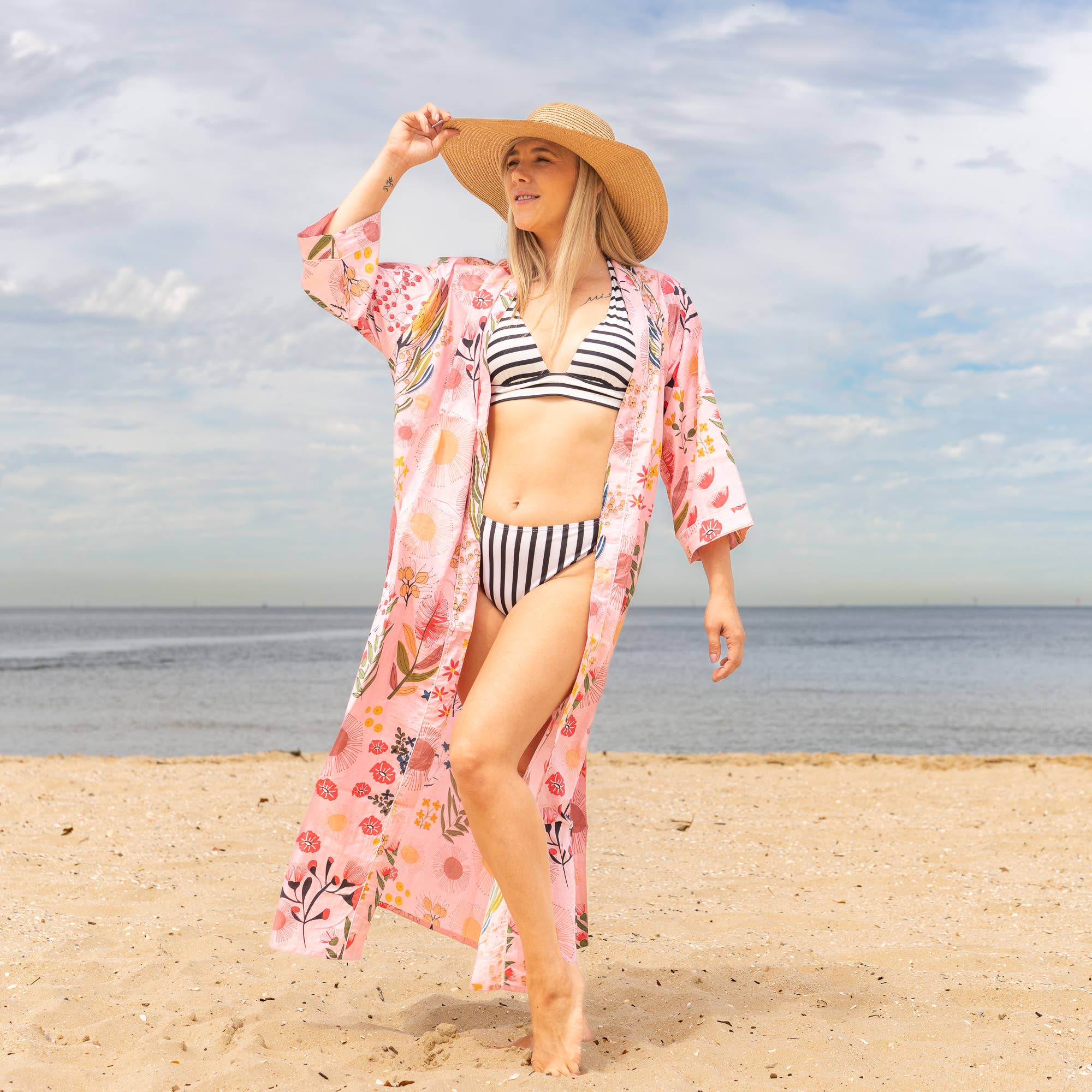 FLORAL BLOCK PRINT' Women's Cotton Kimono Robe - Unique