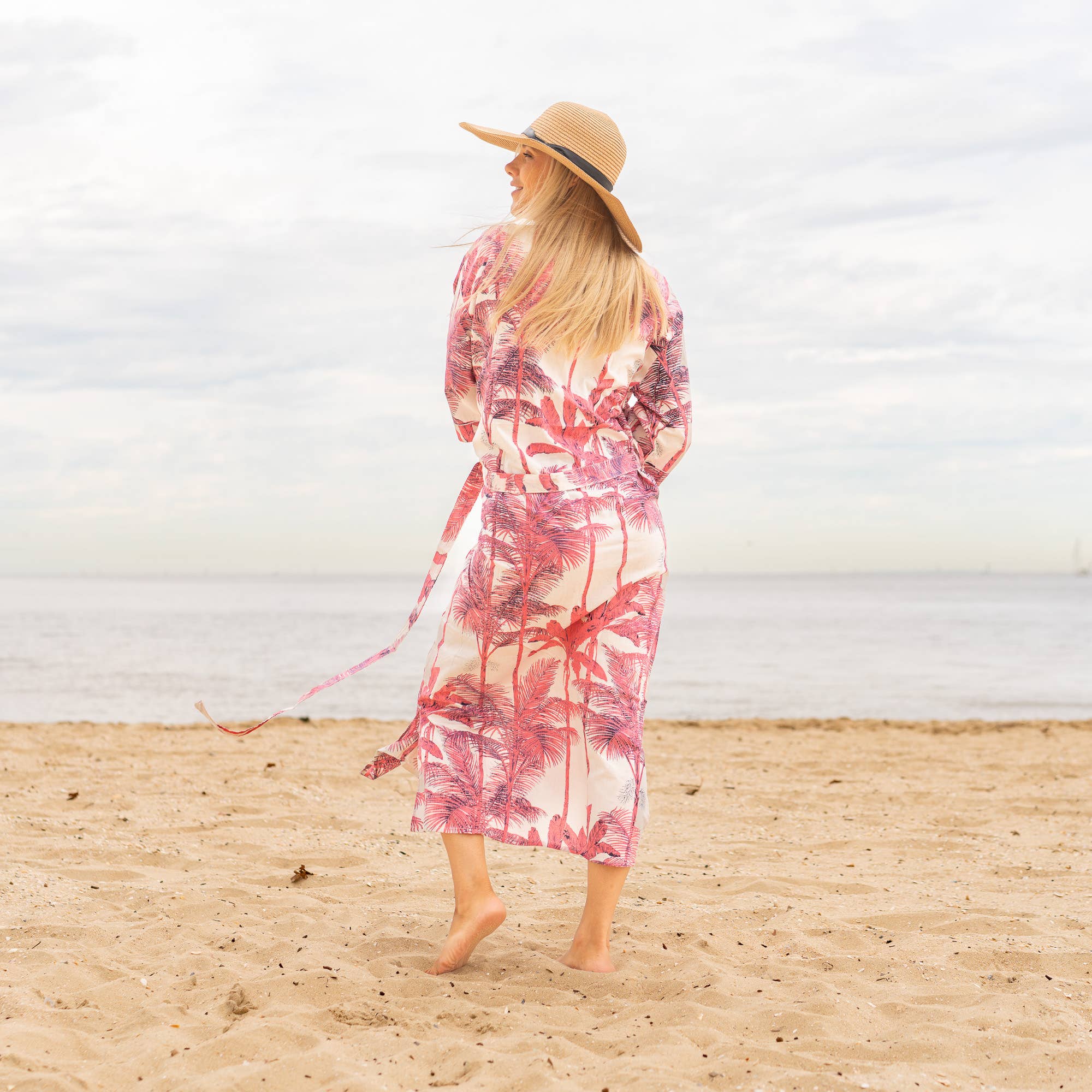 PINK PALM' Women's Cotton Kimono Robe - Elegant Palm