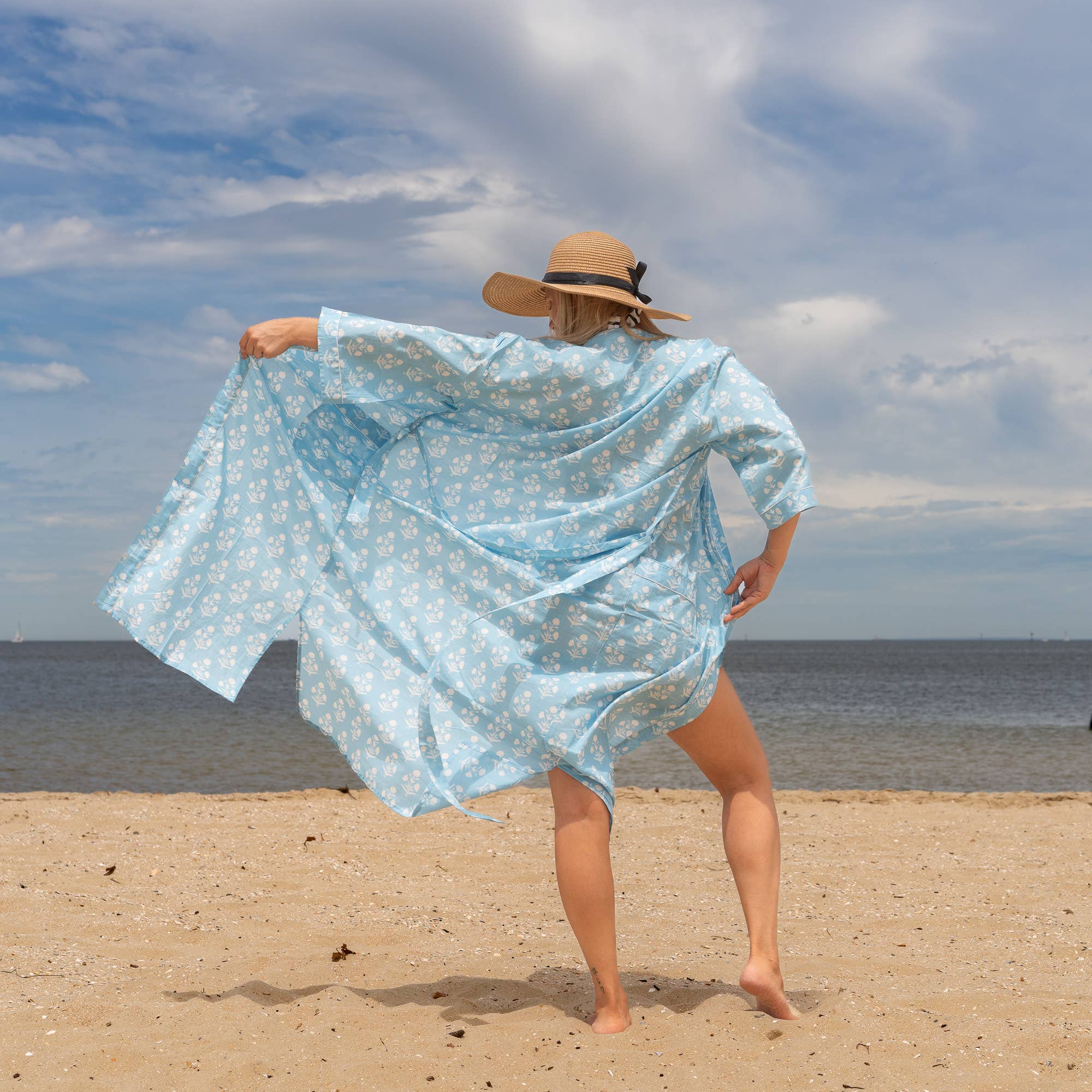 BLUE BLOCK PRINT' Women's Cotton Kimono Robe - Chic