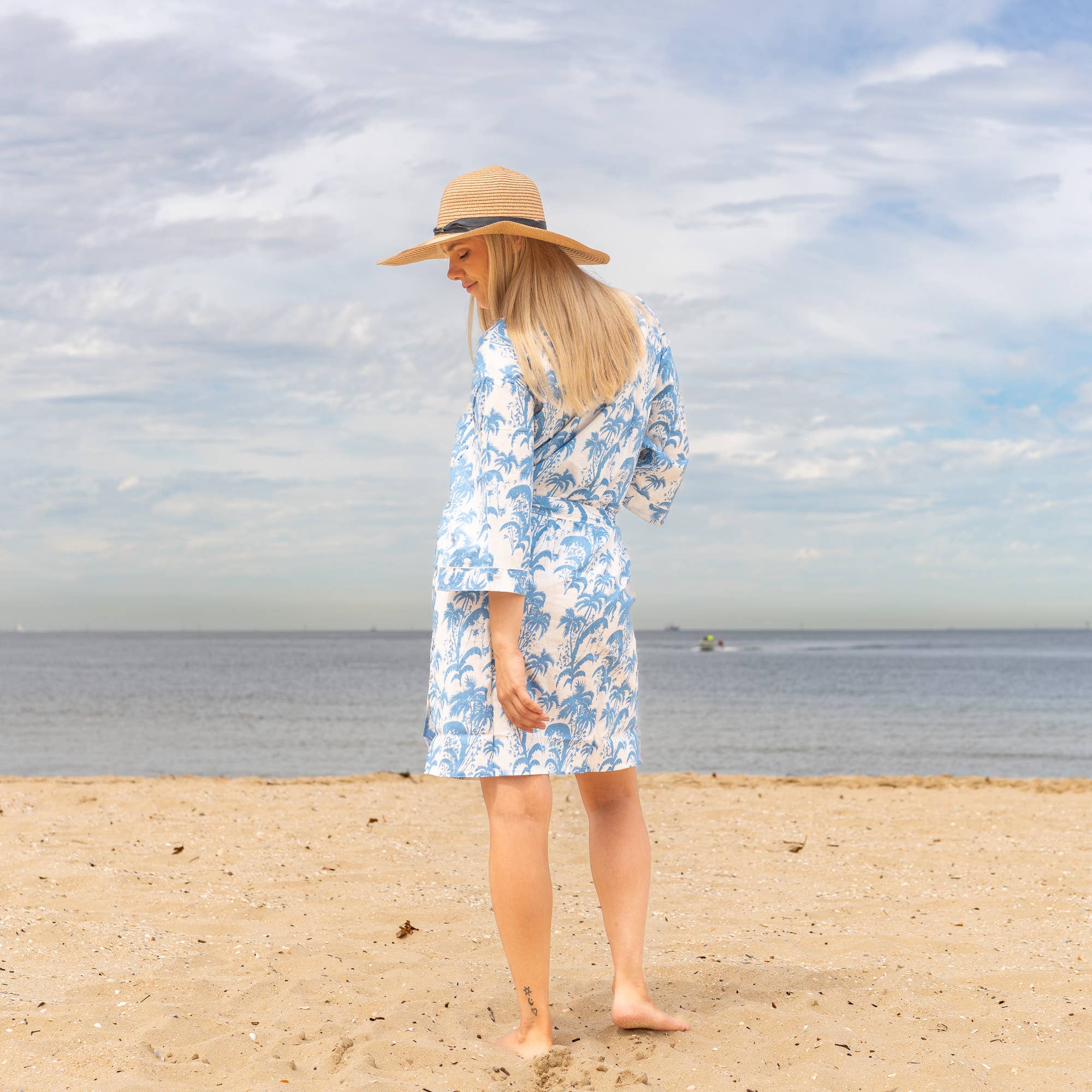 BLUE PALM' Women's Cotton Kimono Robe - Coastal Chic