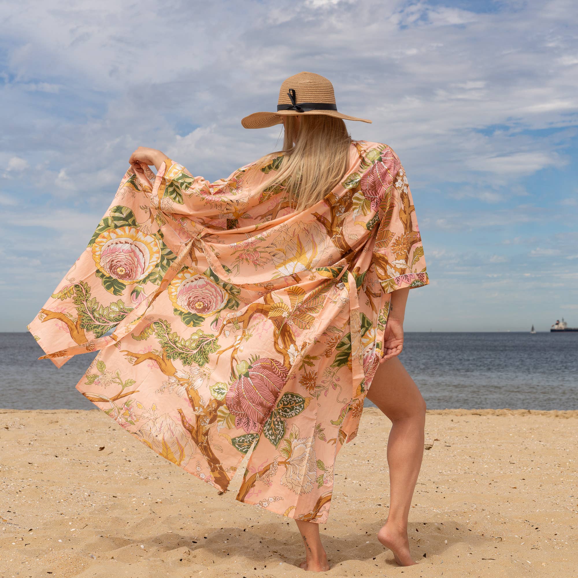 Tree of Life Pink' Women's Cotton Kimono Robe - Soft Pink