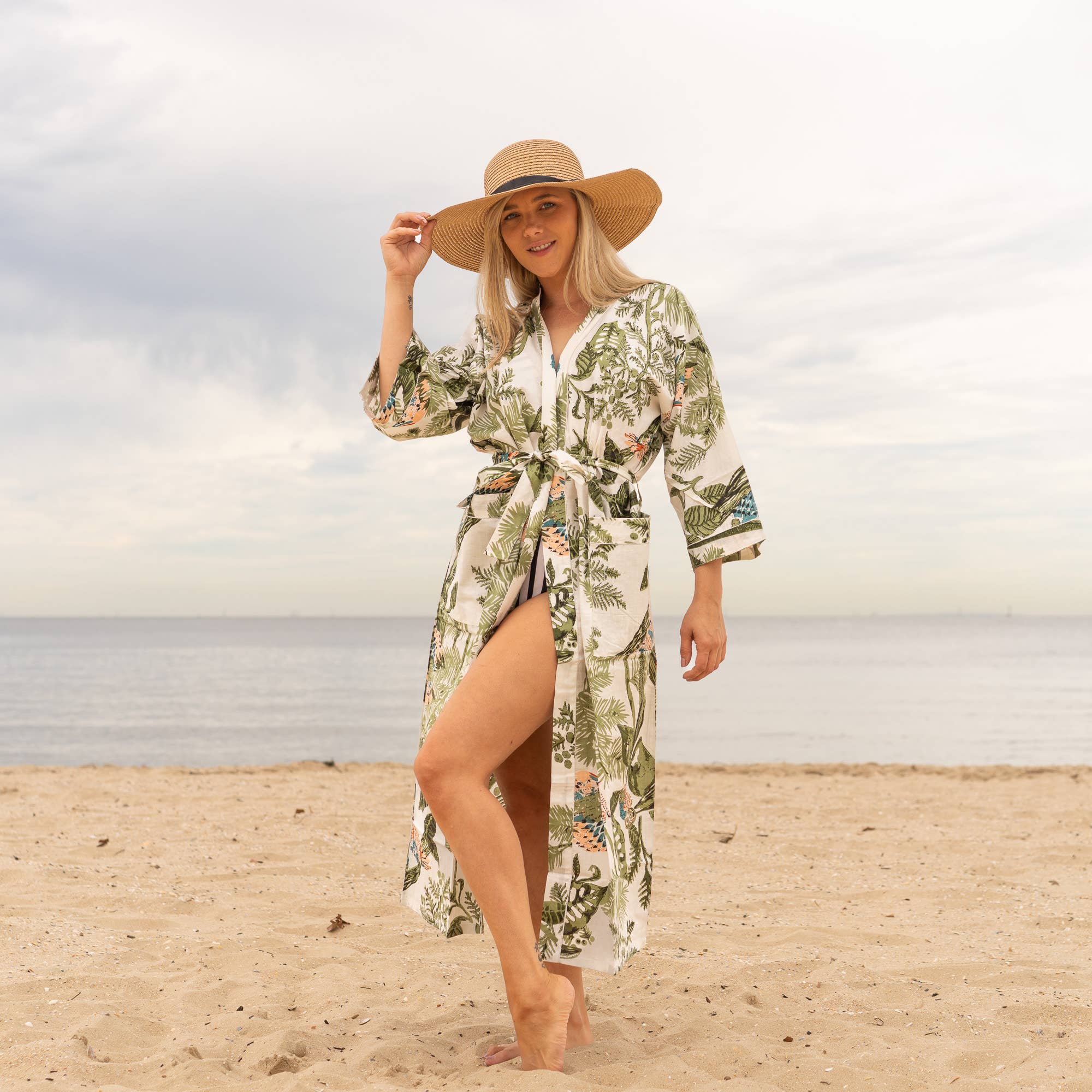 GREEN OWL' Women's Cotton Kimono Robe - Nature Inspired