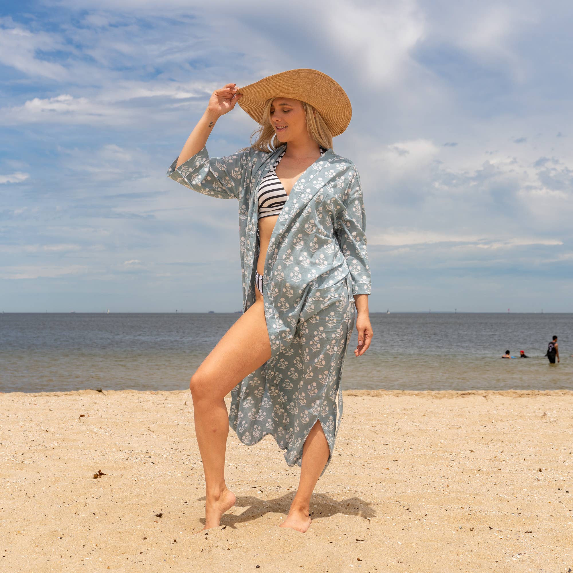 GREY BLOCK PRINT' Women's Cotton Kimono Robe - Elegant