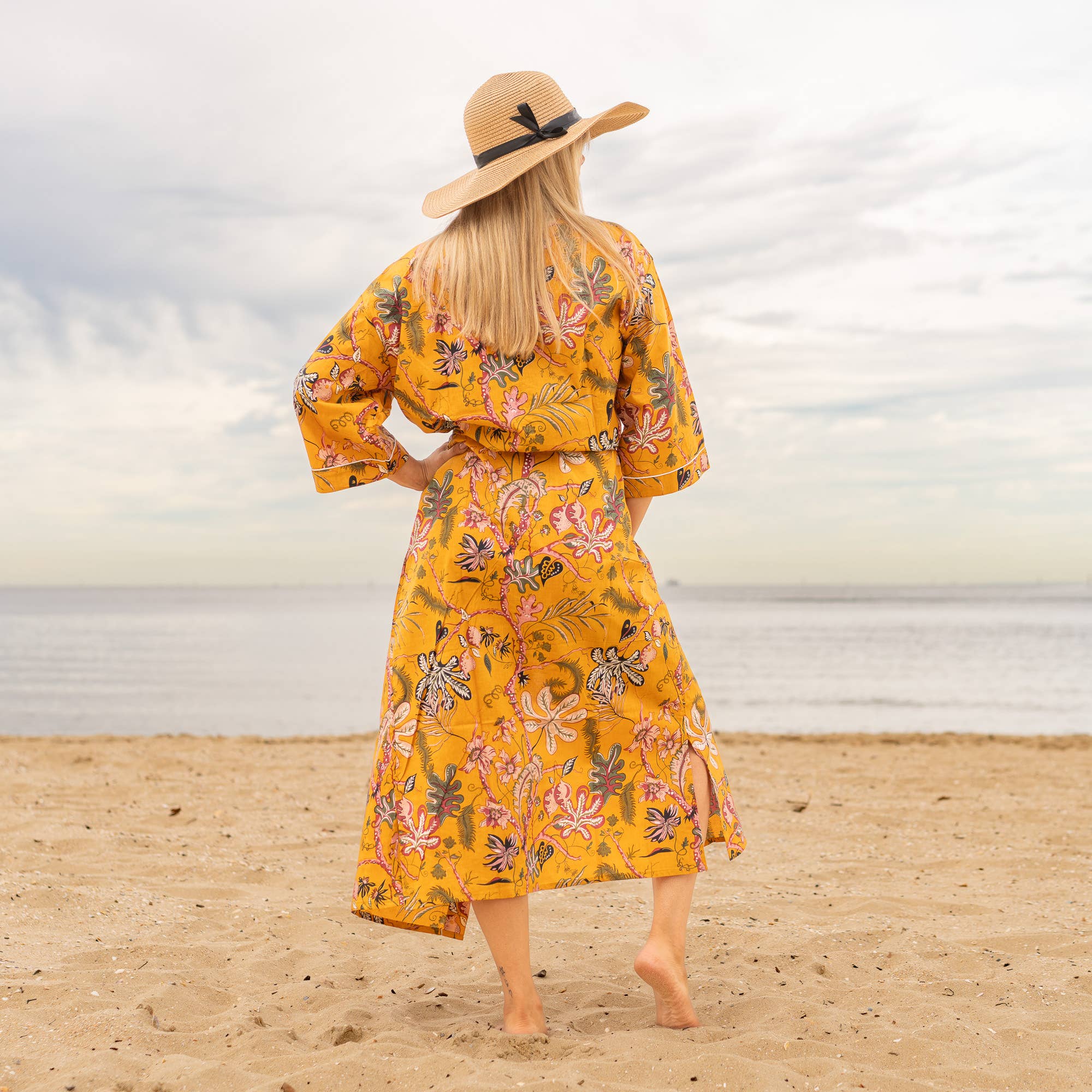 MUSTARD PARADISE' Women's Cotton Kimono Robe - Tropical