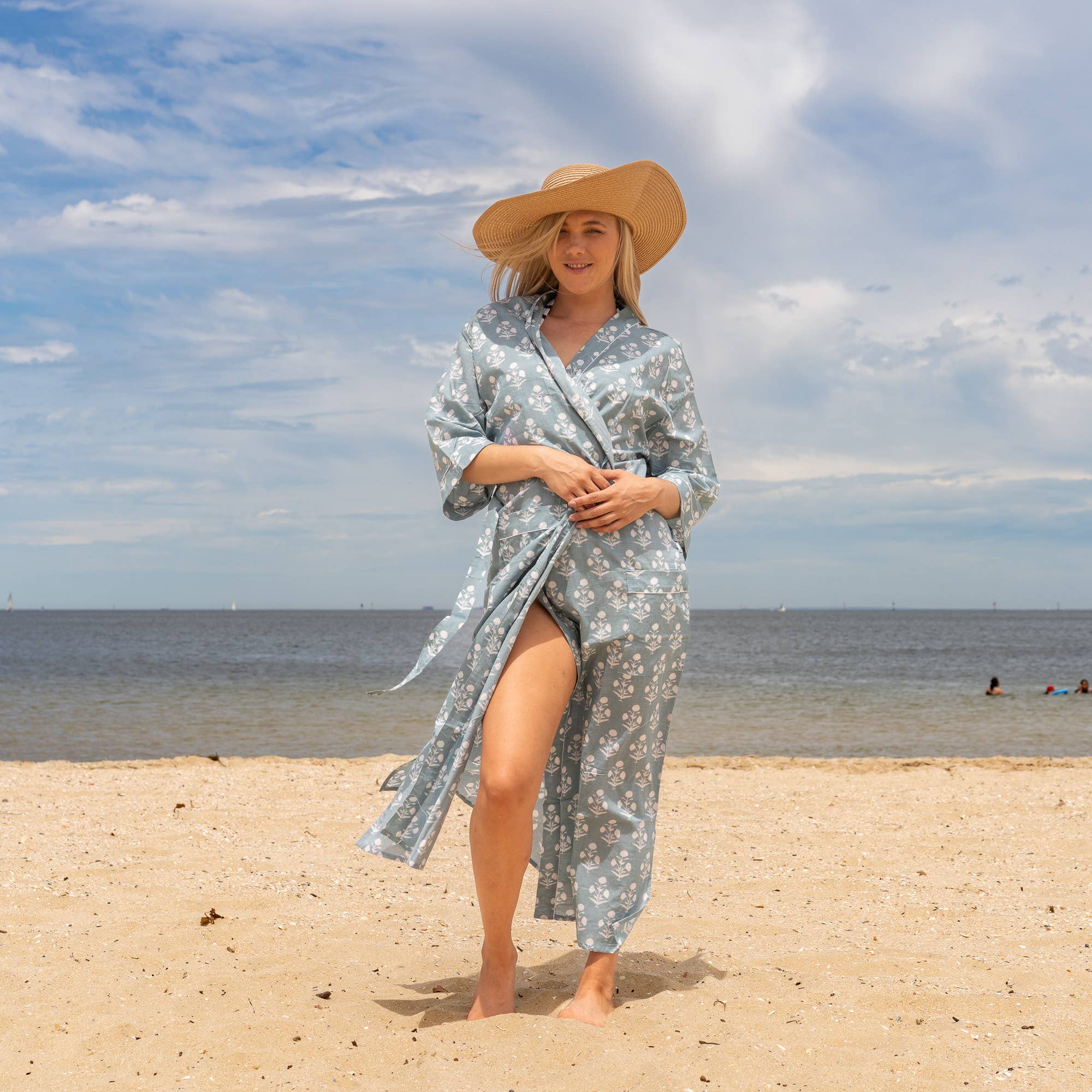 GREY BLOCK PRINT' Women's Cotton Kimono Robe - Elegant