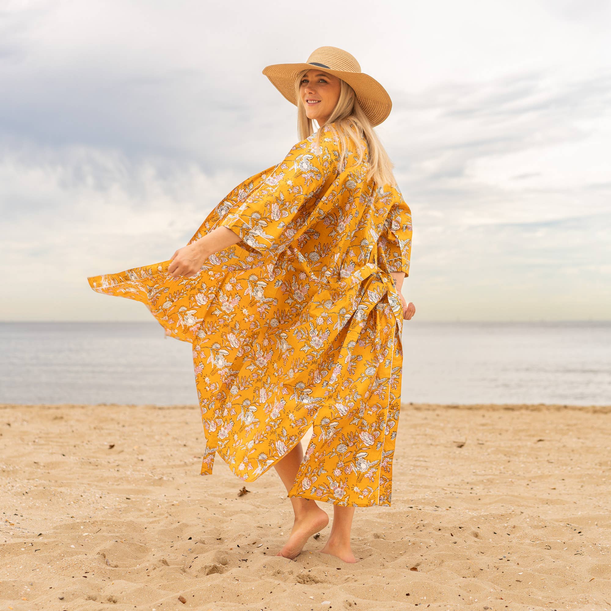 MUSTARD FLORAL' Women's Cotton Kimono Robe - Bold Design