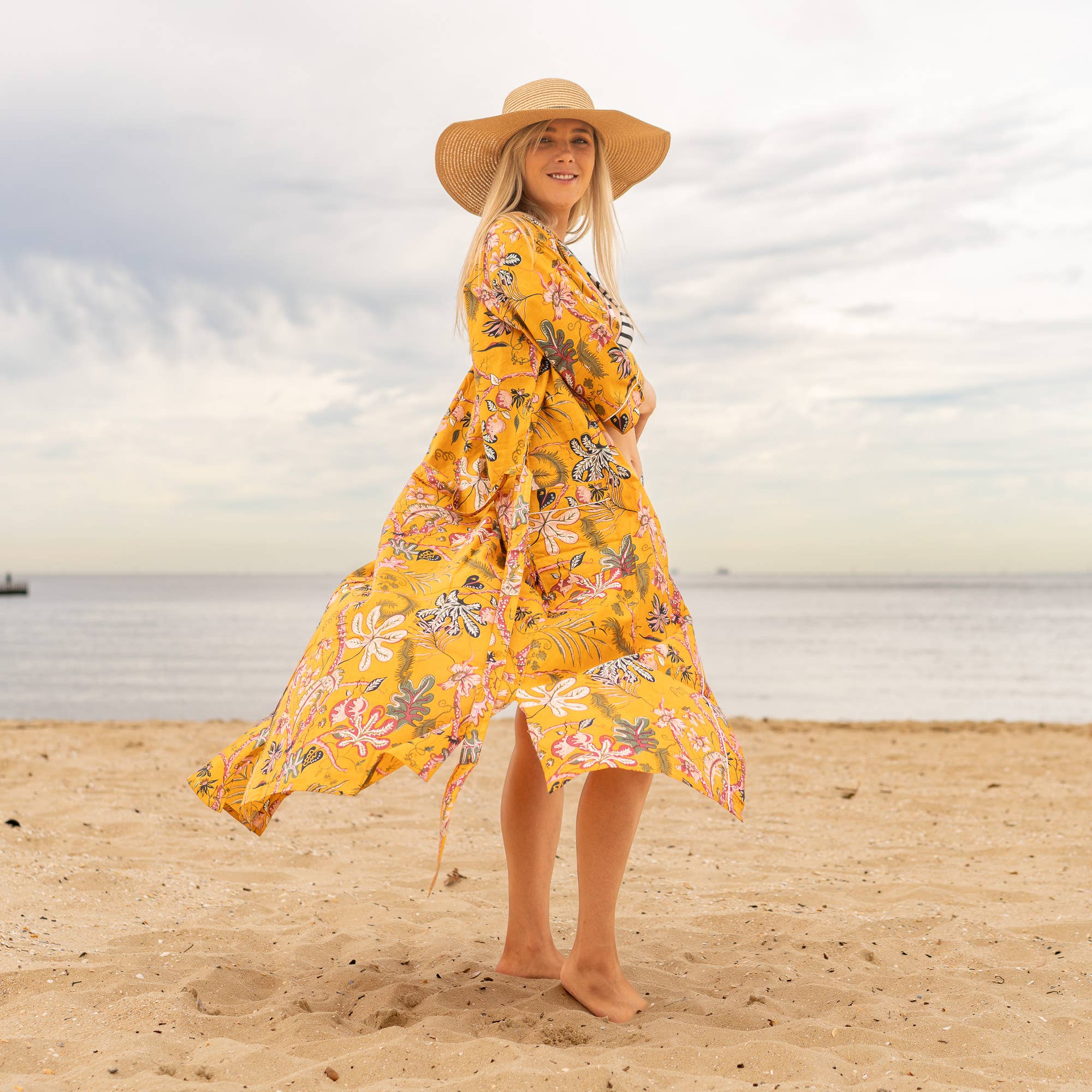 MUSTARD PARADISE' Women's Cotton Kimono Robe - Tropical