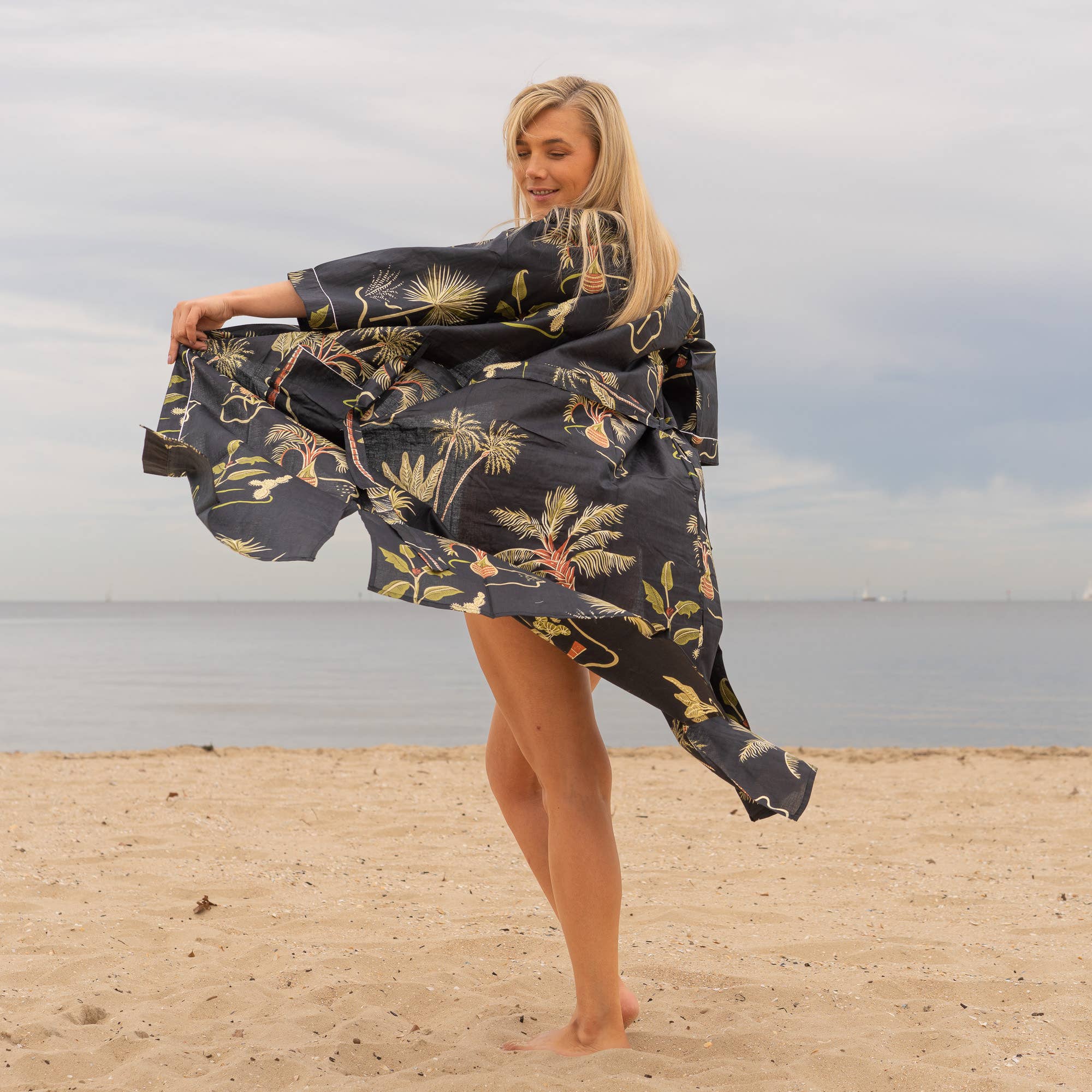 Tropical Black' Women's Cotton Kimono Robe - Exotic Look