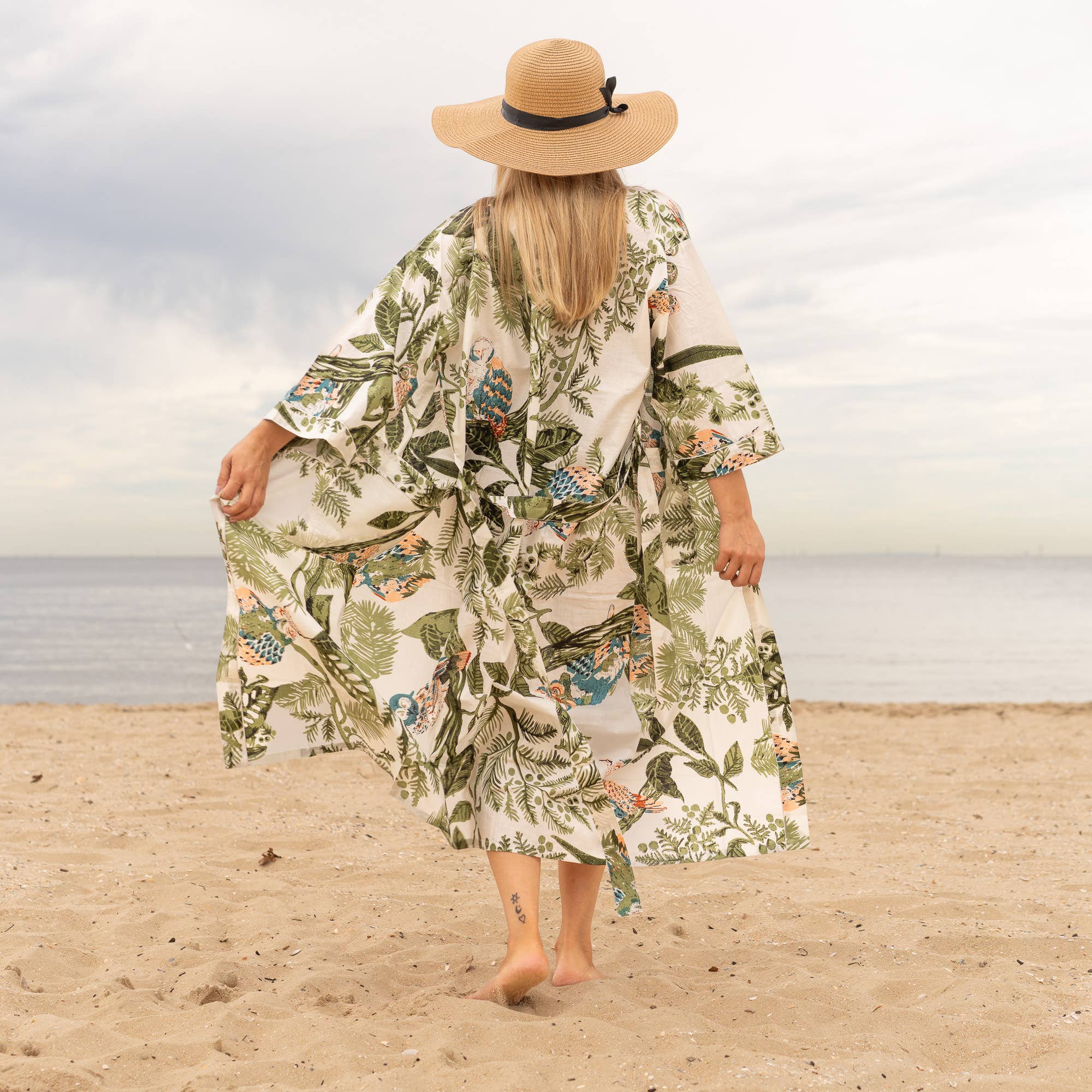 GREEN OWL' Women's Cotton Kimono Robe - Nature Inspired