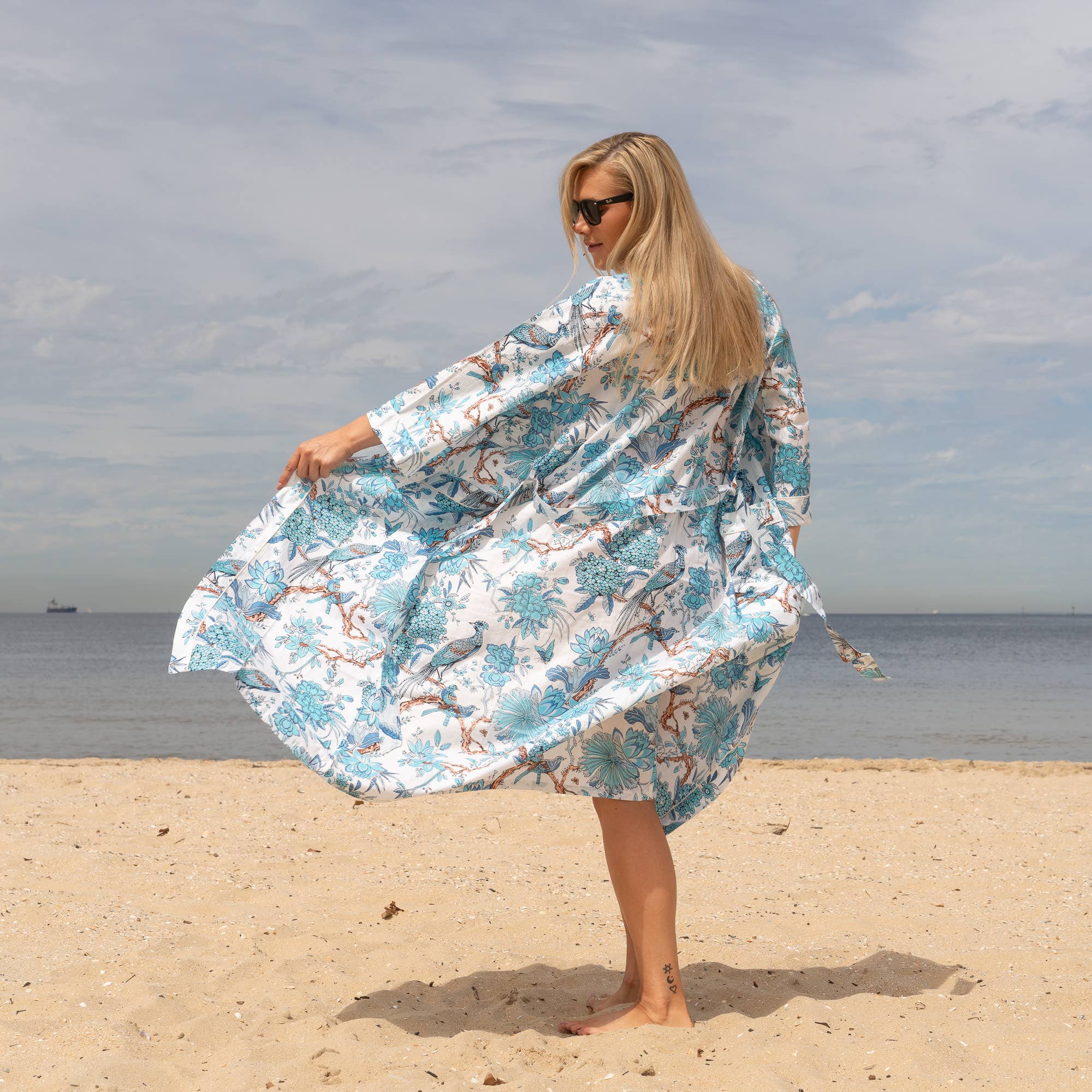 BLUE PEACOCK' Women's Cotton Kimono Robe - Boho Vibes