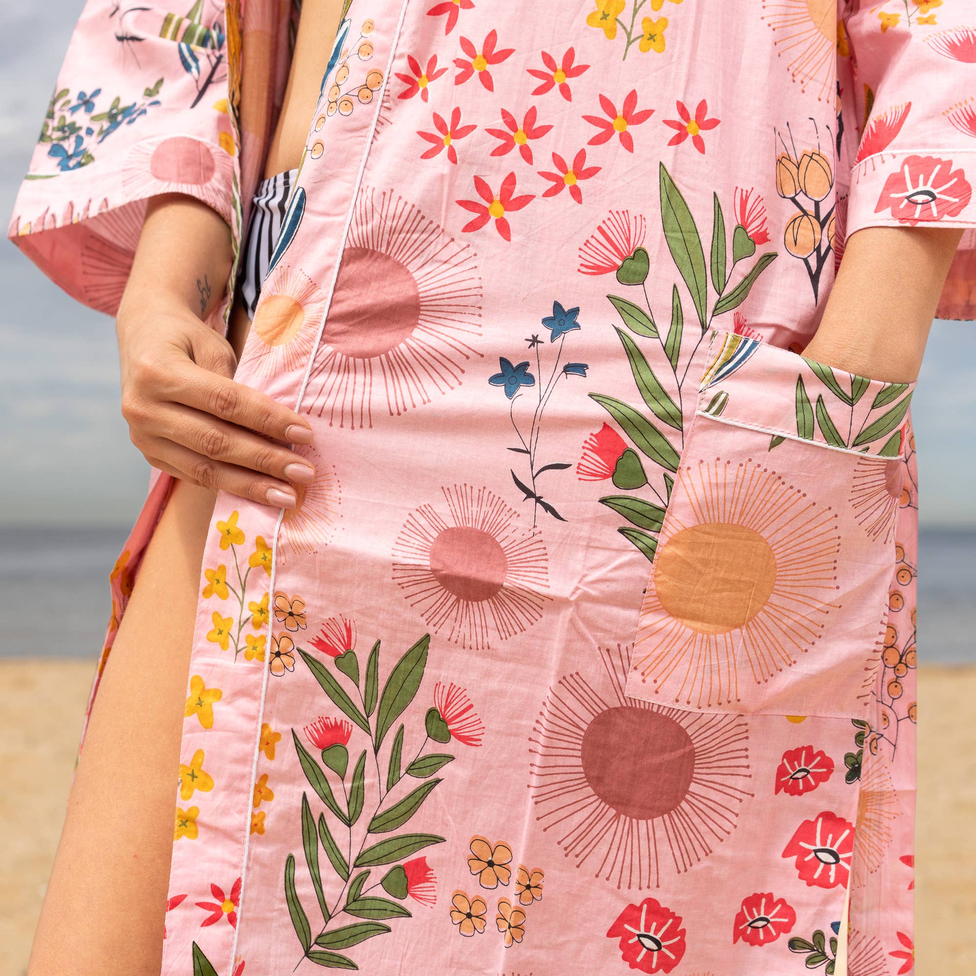 FLORAL BLOCK PRINT' Women's Cotton Kimono Robe - Unique