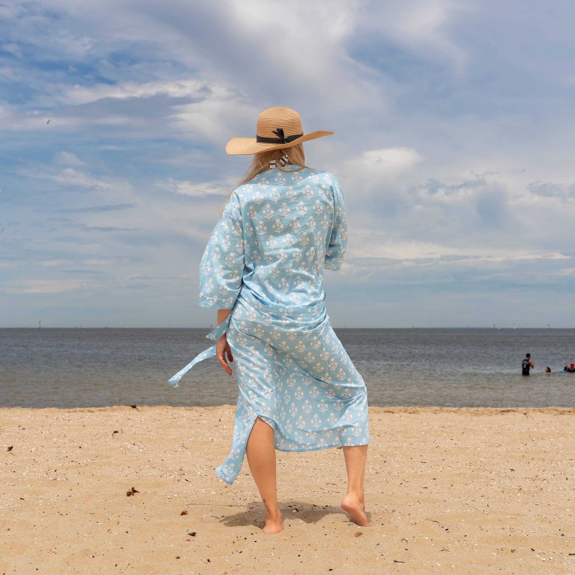 BLUE BLOCK PRINT' Women's Cotton Kimono Robe - Chic