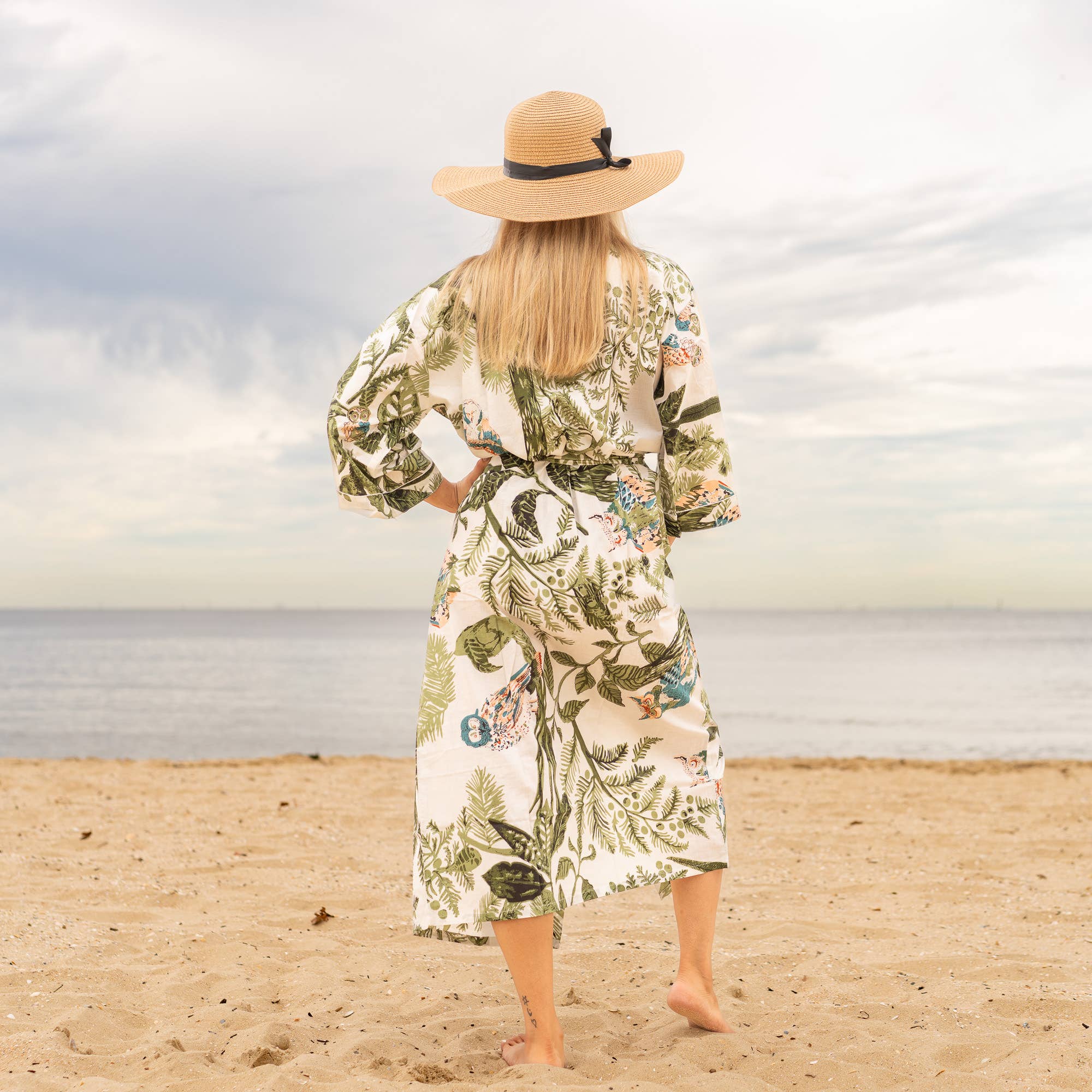 GREEN OWL' Women's Cotton Kimono Robe - Nature Inspired