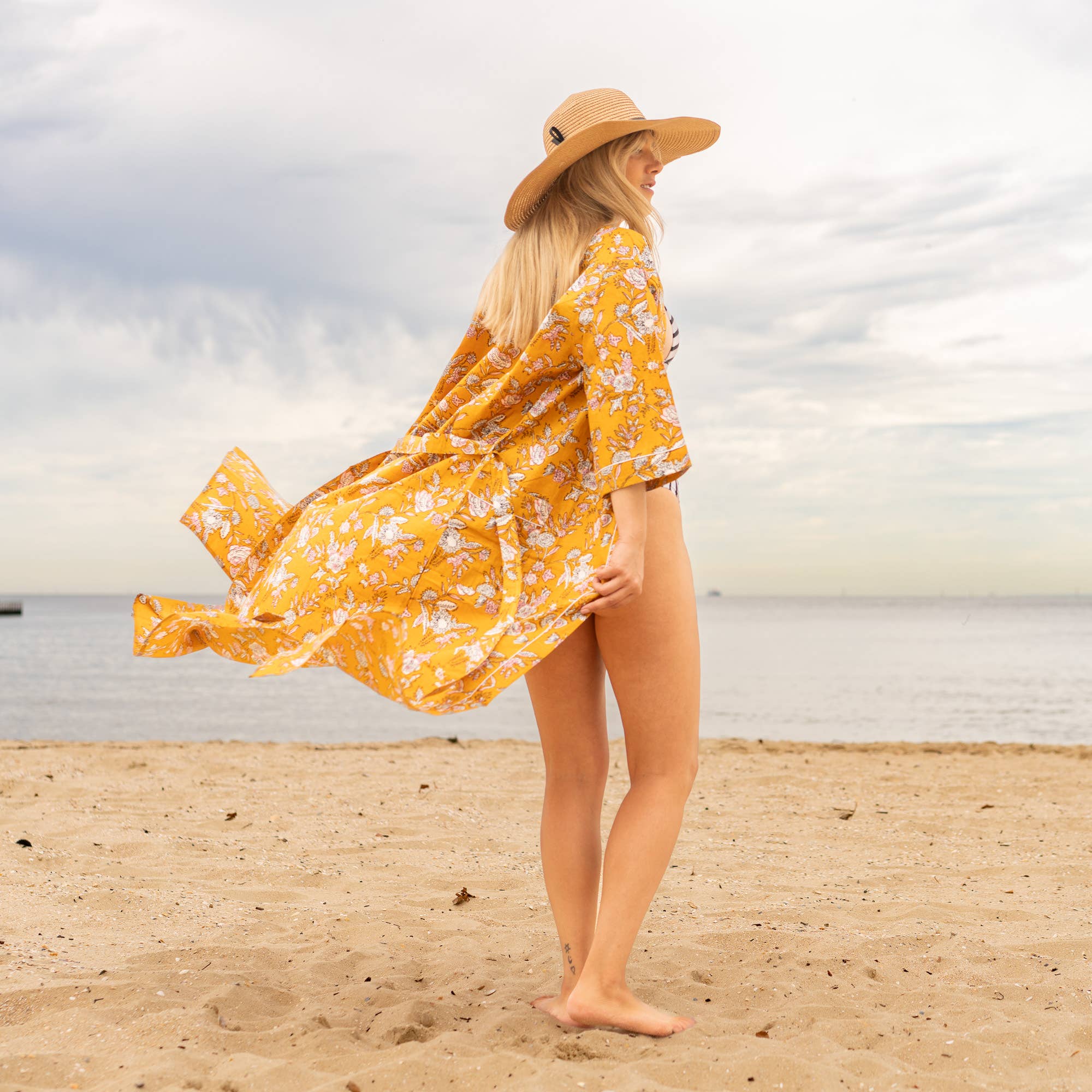 MUSTARD FLORAL' Women's Cotton Kimono Robe - Bold Design