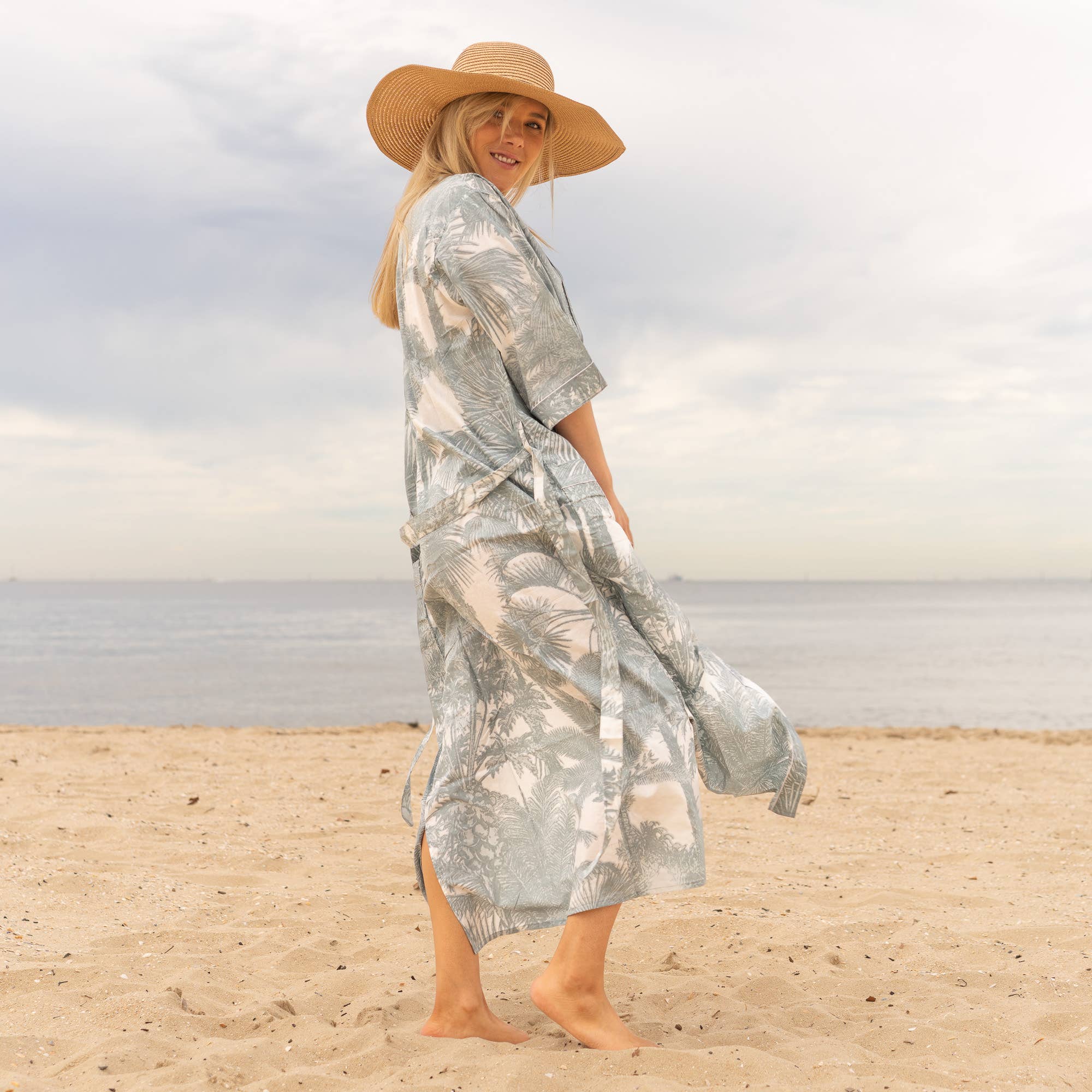 GREY PALM' Women's Cotton Kimono Robe - Timeless Style