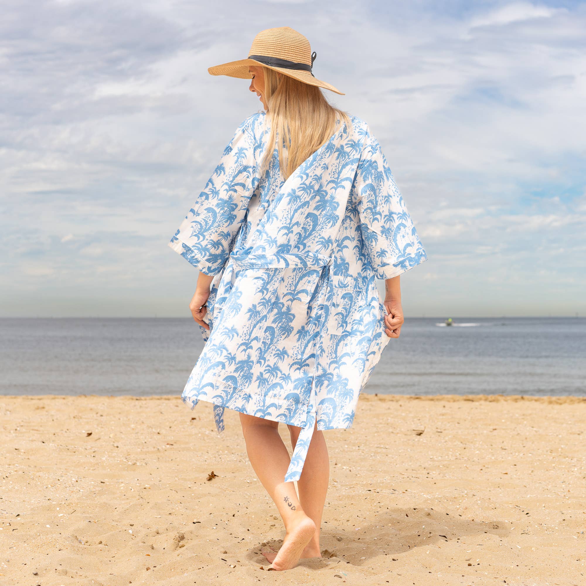 BLUE PALM' Women's Cotton Kimono Robe - Coastal Chic