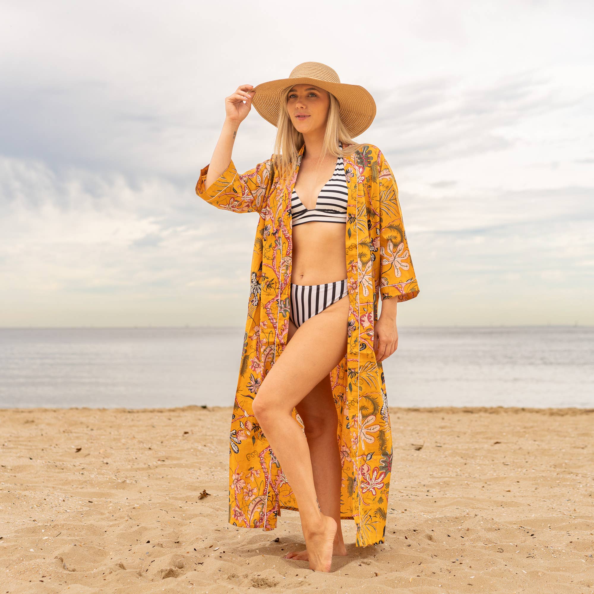 MUSTARD PARADISE' Women's Cotton Kimono Robe - Tropical