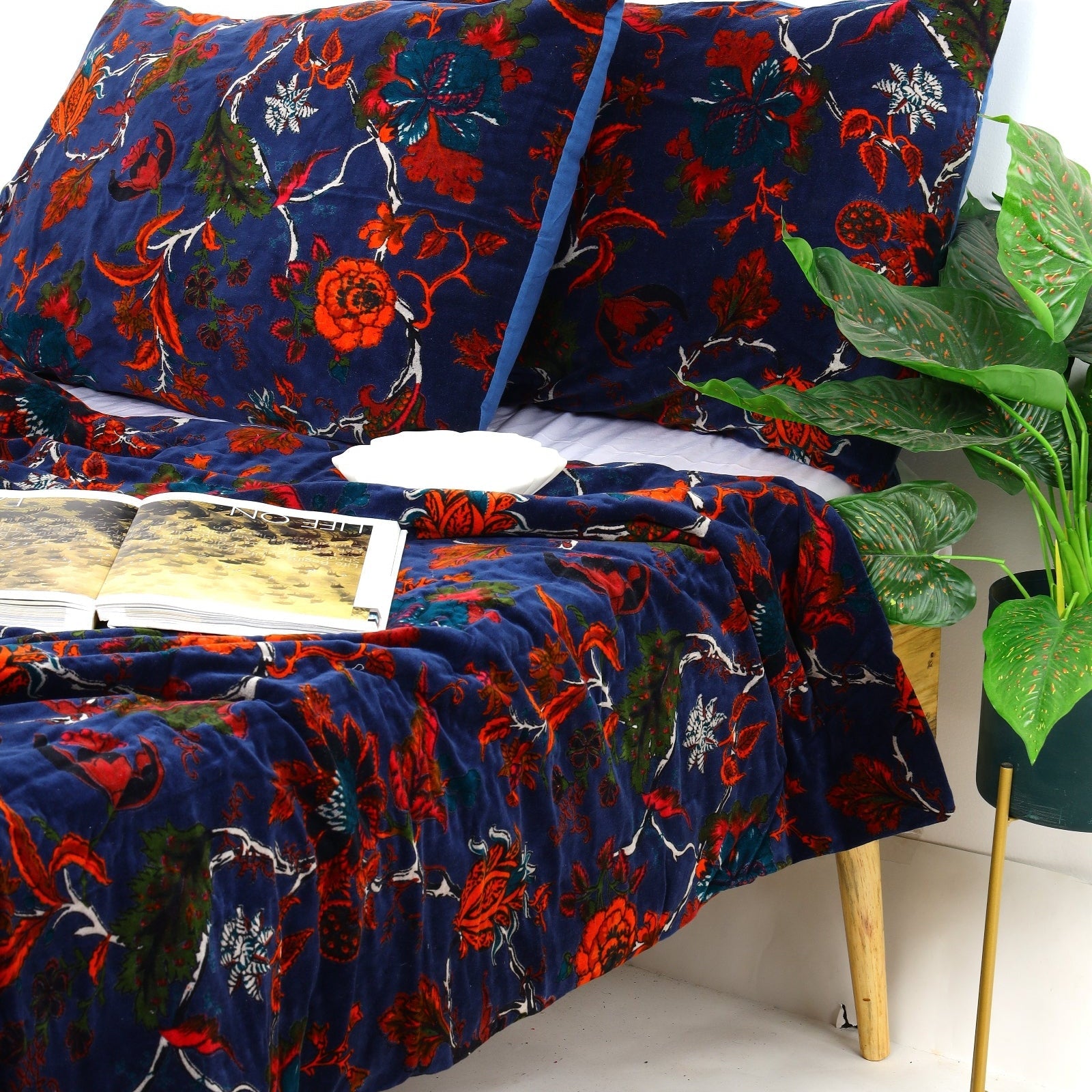 Navy Floral Velvet Kantha Quilt – Handmade Style