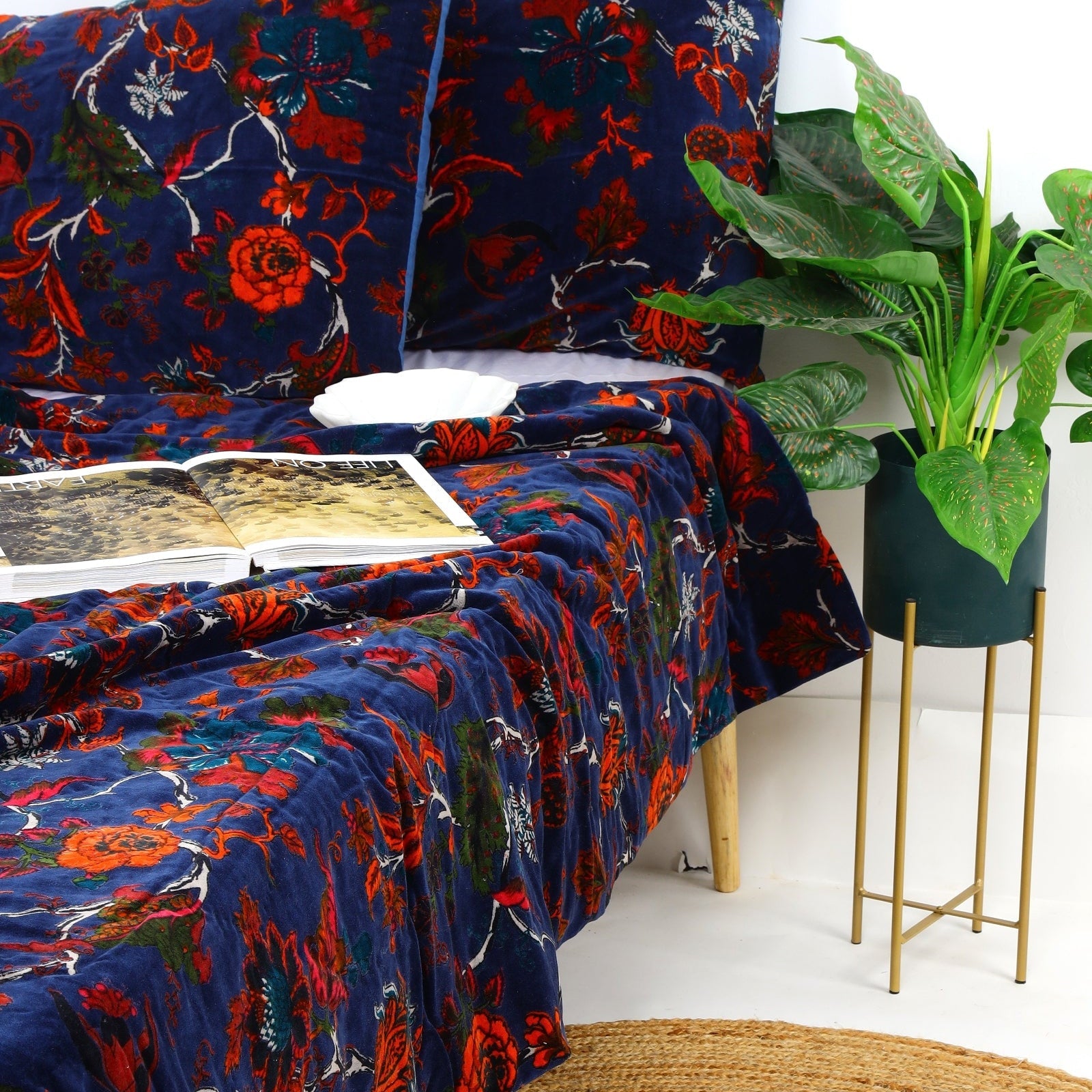 Navy Floral Velvet Kantha Quilt – Handmade Style