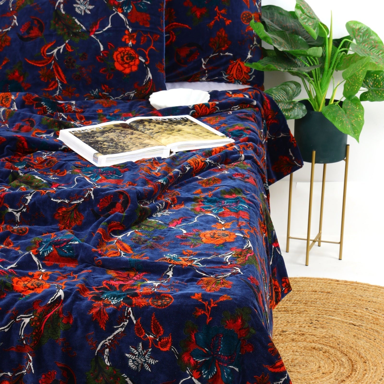 Navy Floral Velvet Kantha Quilt – Handmade Style