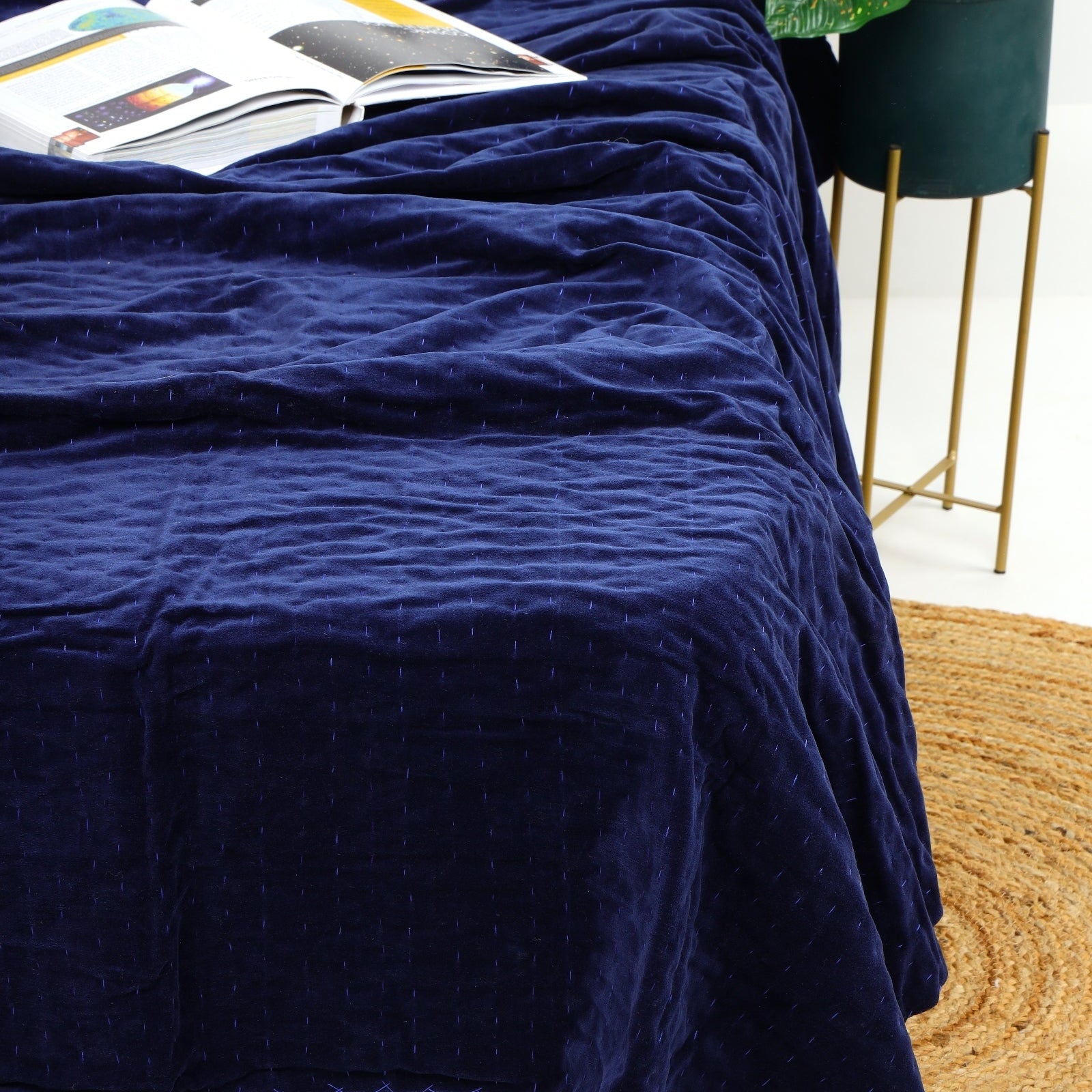 Velvet Kantha Quilt – Boho Block Print Bedspread - Navy Blue