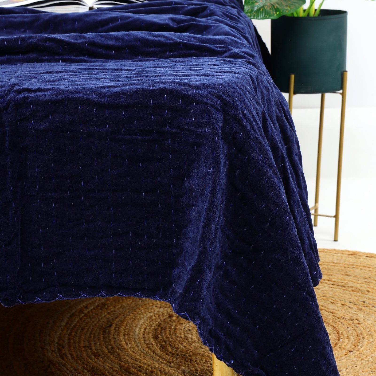 Velvet Kantha Quilt – Boho Block Print Bedspread - Navy Blue