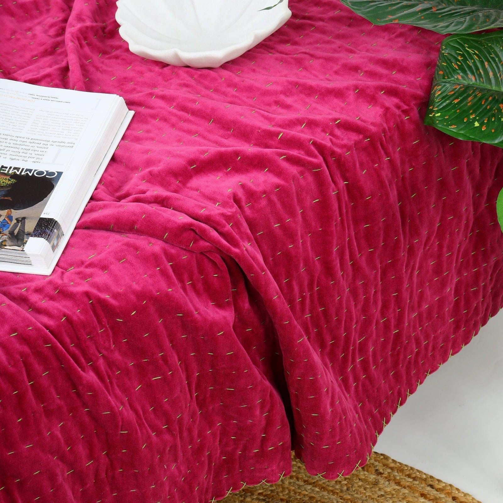 Velvet Kantha Quilt – Boho Block Print Bedspread - Pink