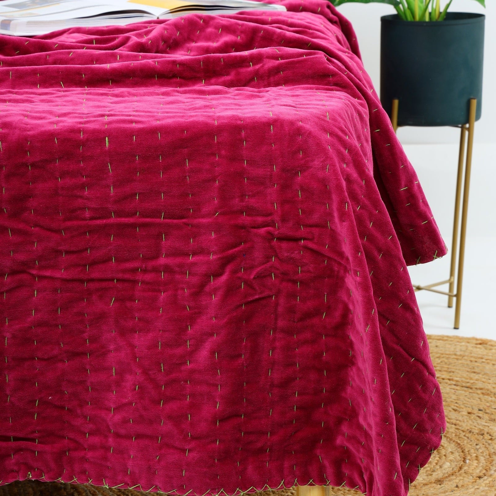 Velvet Kantha Quilt – Boho Block Print Bedspread - Pink