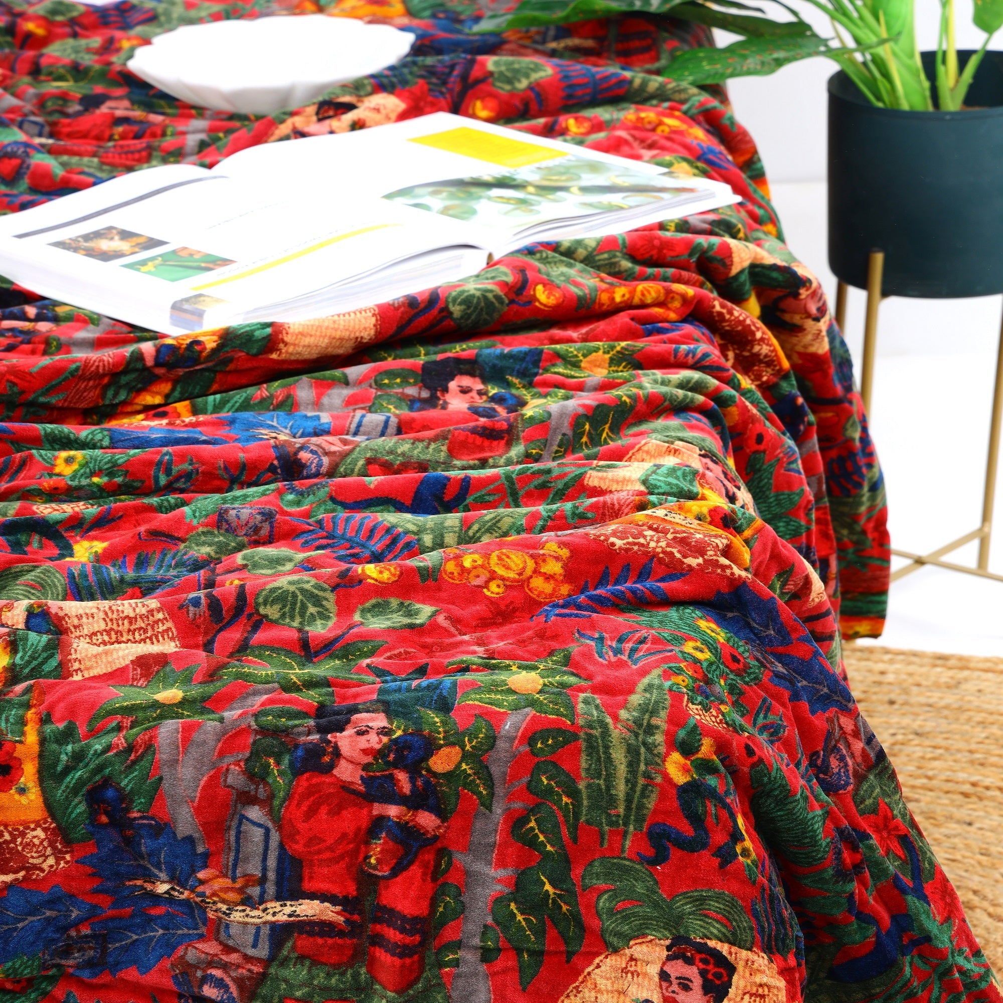 Floral Red Velvet Kantha Quilt – Boho Style