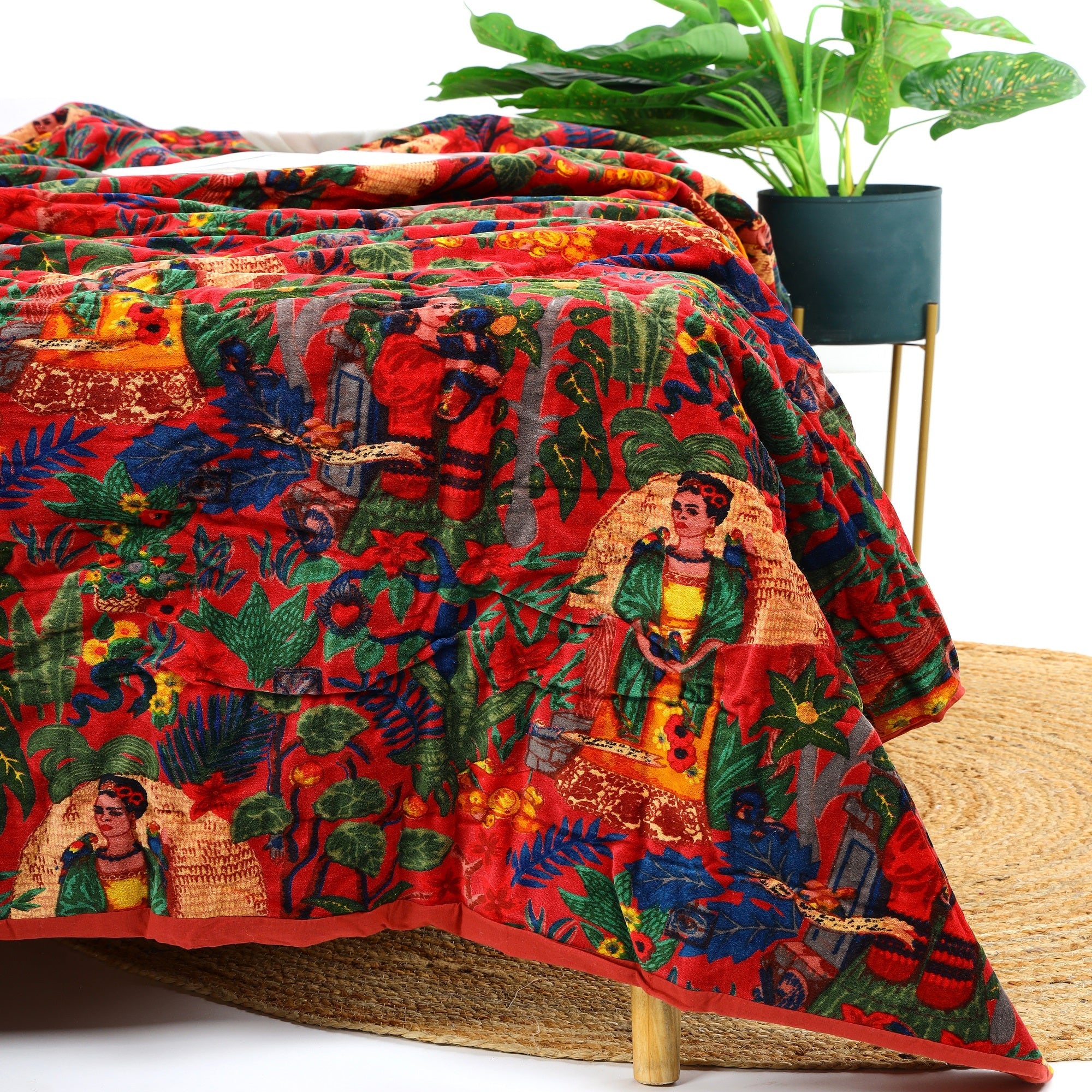 Floral Red Velvet Kantha Quilt – Boho Style