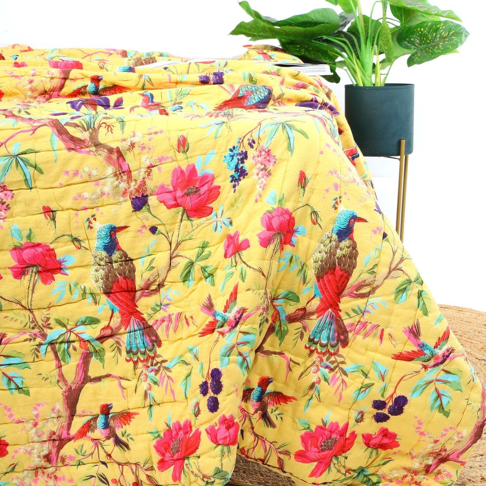 Velvet Frida Kantha Quilt – Mustard Floral Throw