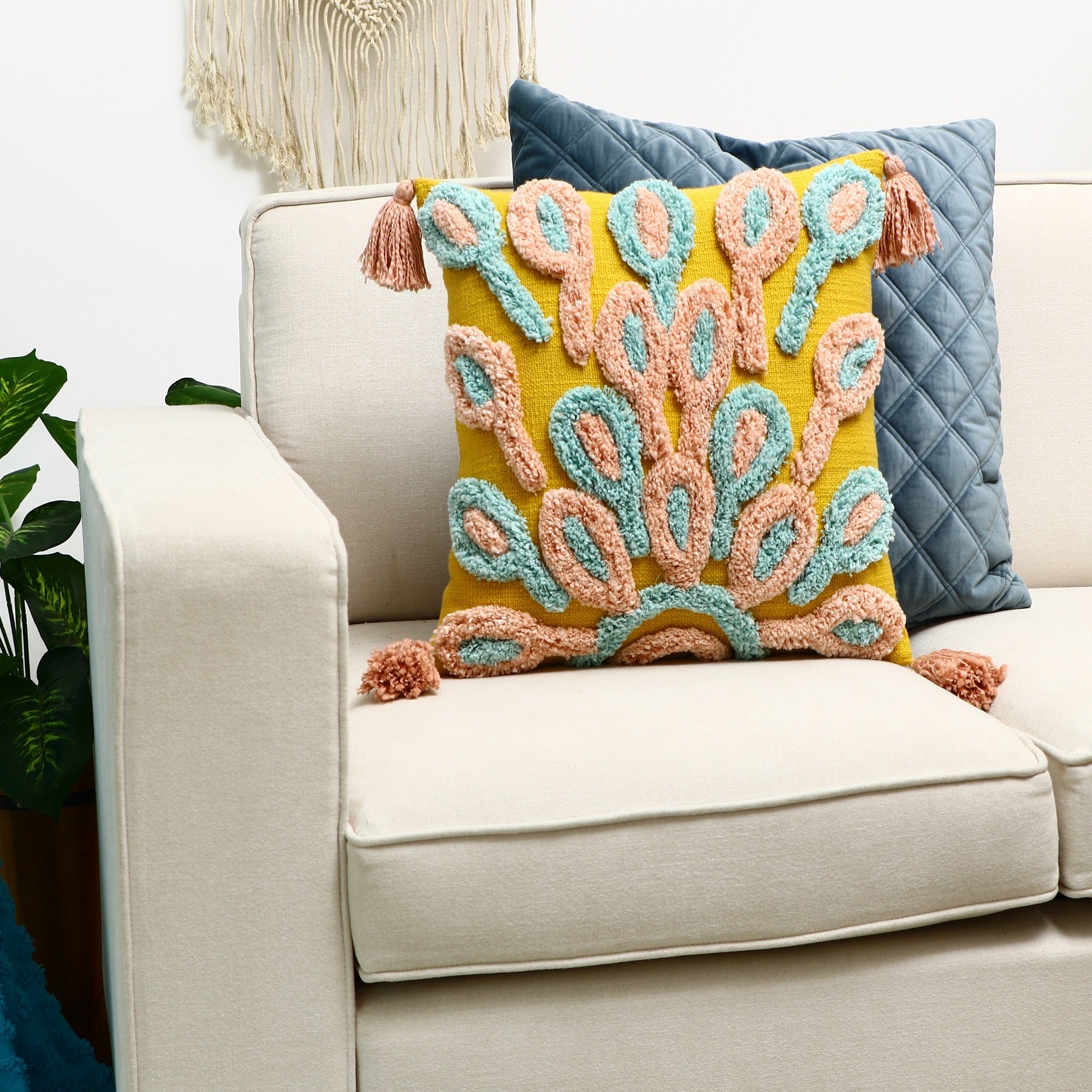 Peacock Boho Moroccan Tassels Cushion Cover