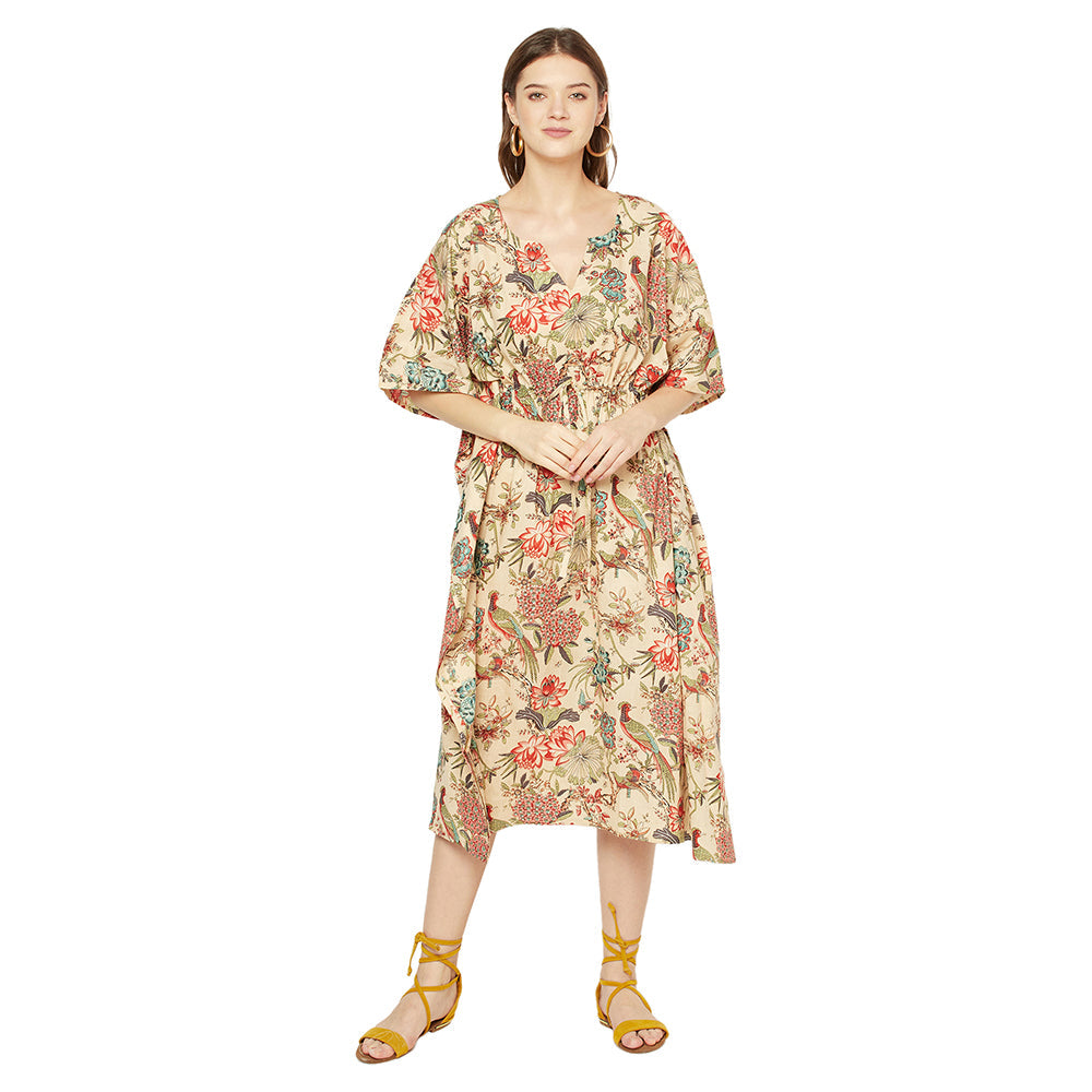 Beige Blossoms Cotton Kaftan - 100% Cotton