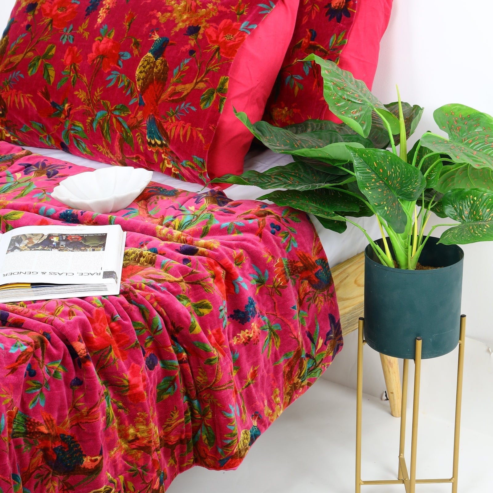 Velvet Floral Kantha Quilt - Bird Paradise Hot Pink