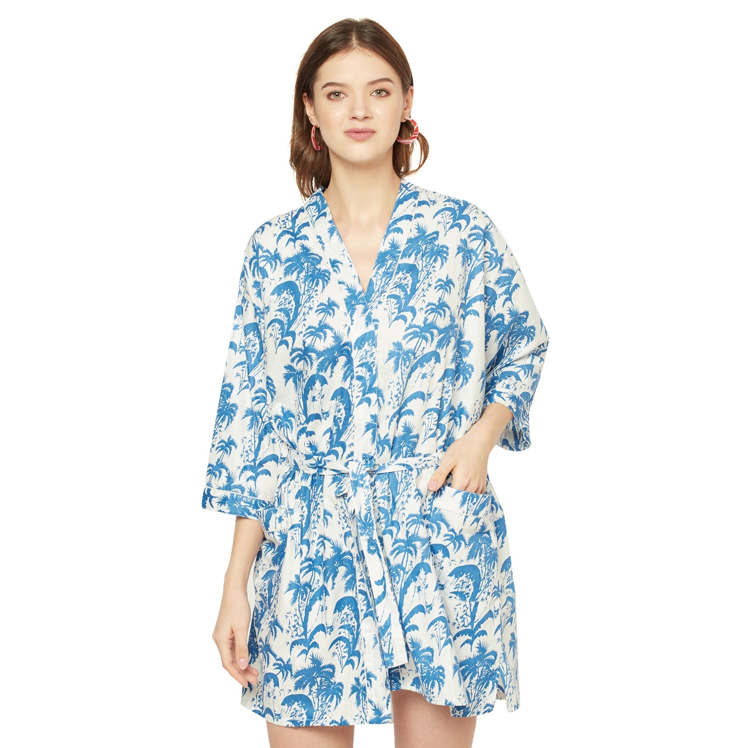 Playful Palms Cotton Kimono Robe - 100% Cotton