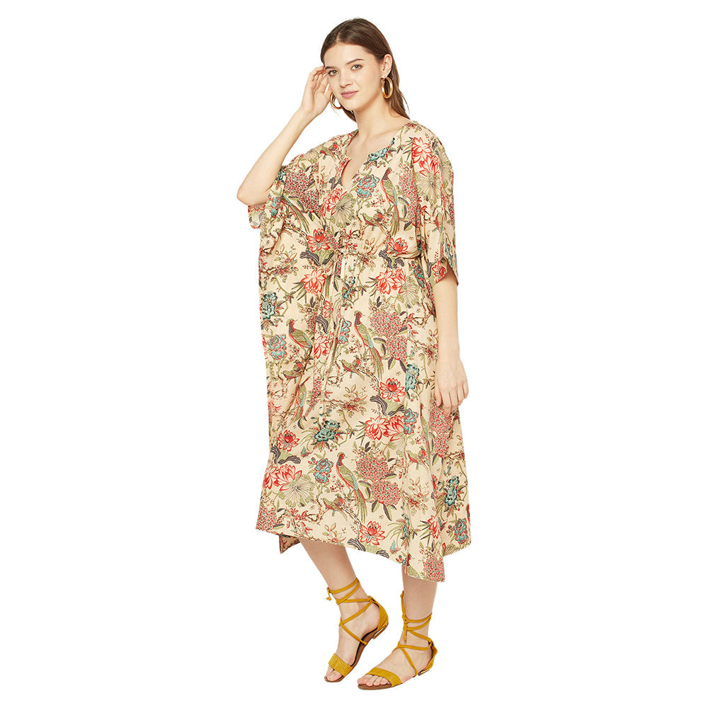 Beige Blossoms Cotton Kaftan - 100% Cotton