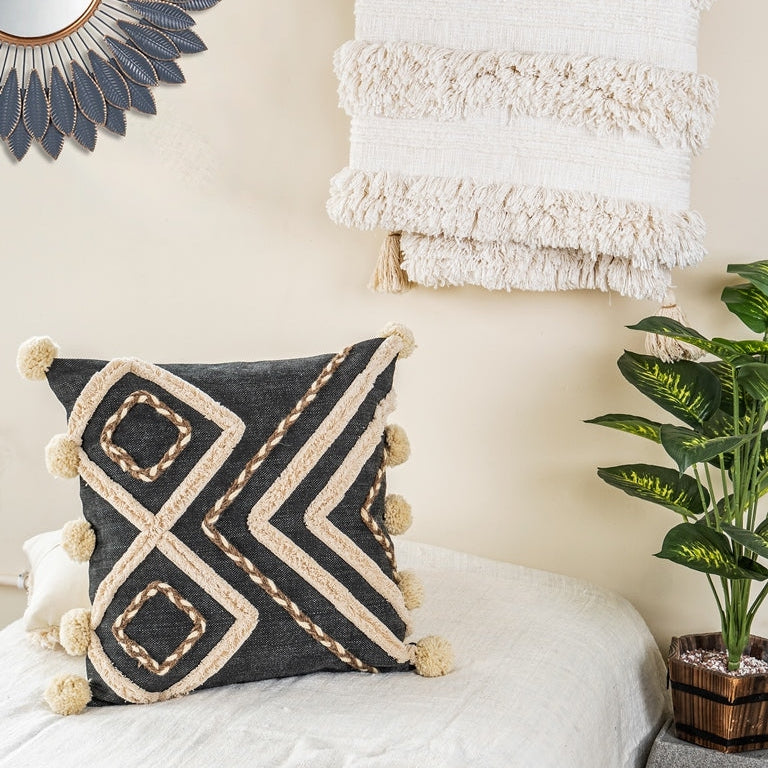 Tufted Black Boho Moroccan Tassels Cushion Cover