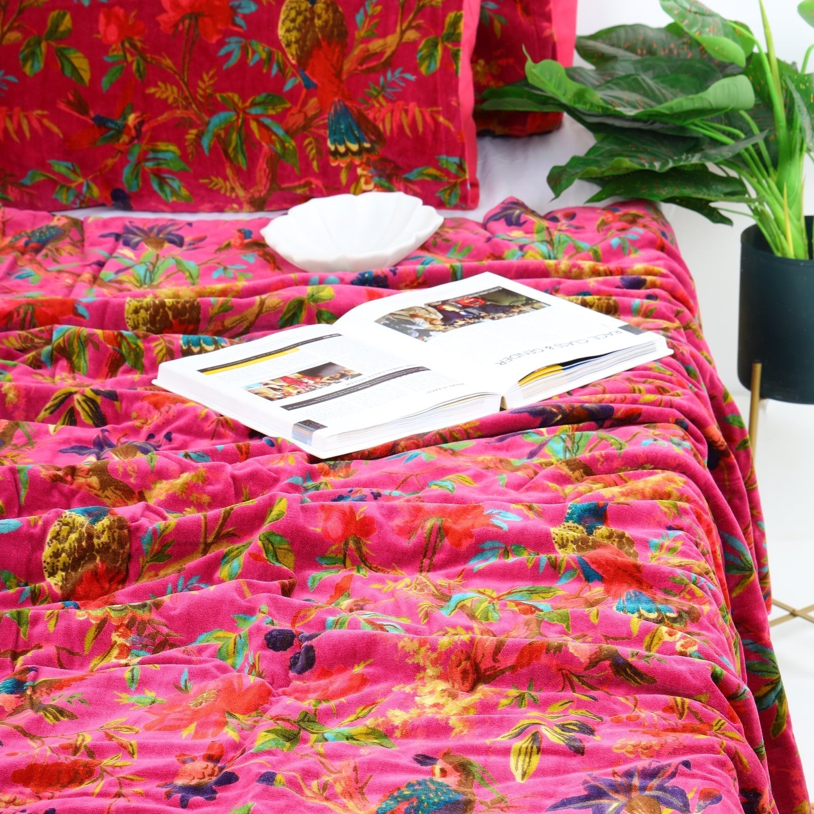 Velvet Floral Kantha Quilt - Bird Paradise Hot Pink