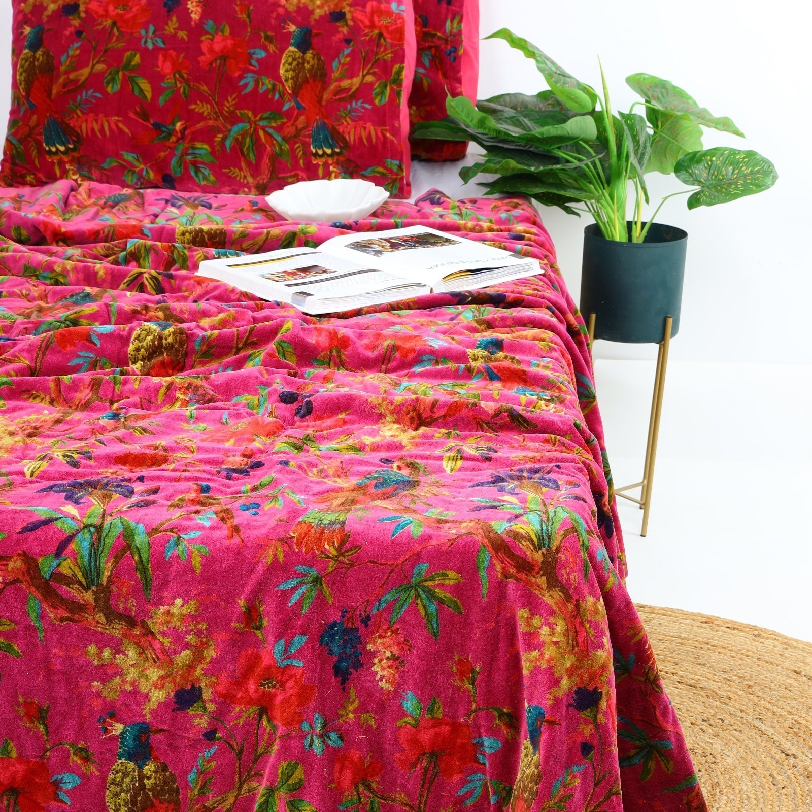 Velvet Floral Kantha Quilt - Bird Paradise Hot Pink