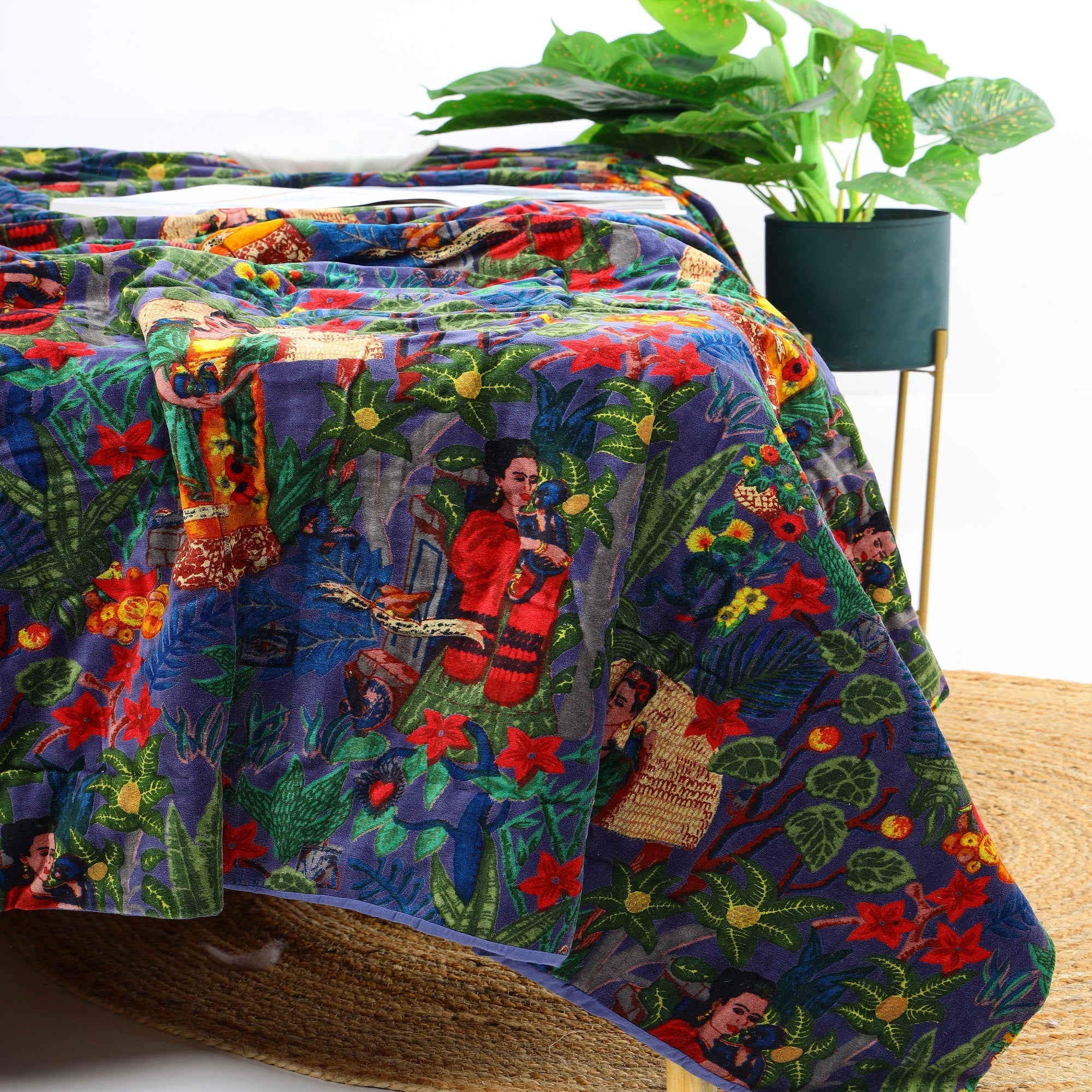 Tropical Navy Velvet Kantha Quilt – Boho Style