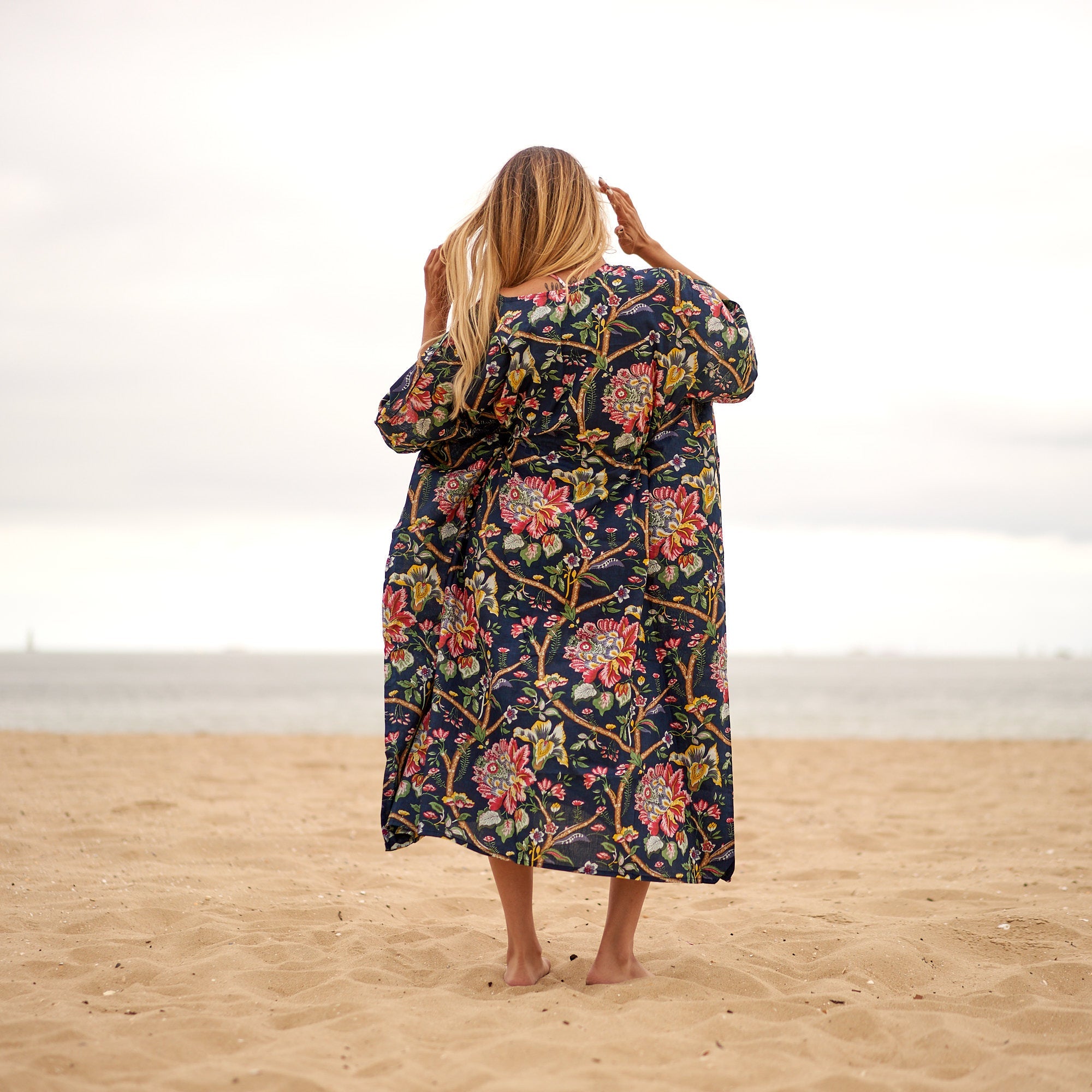 Noir Blooms Cotton Kaftan | Dark Florals