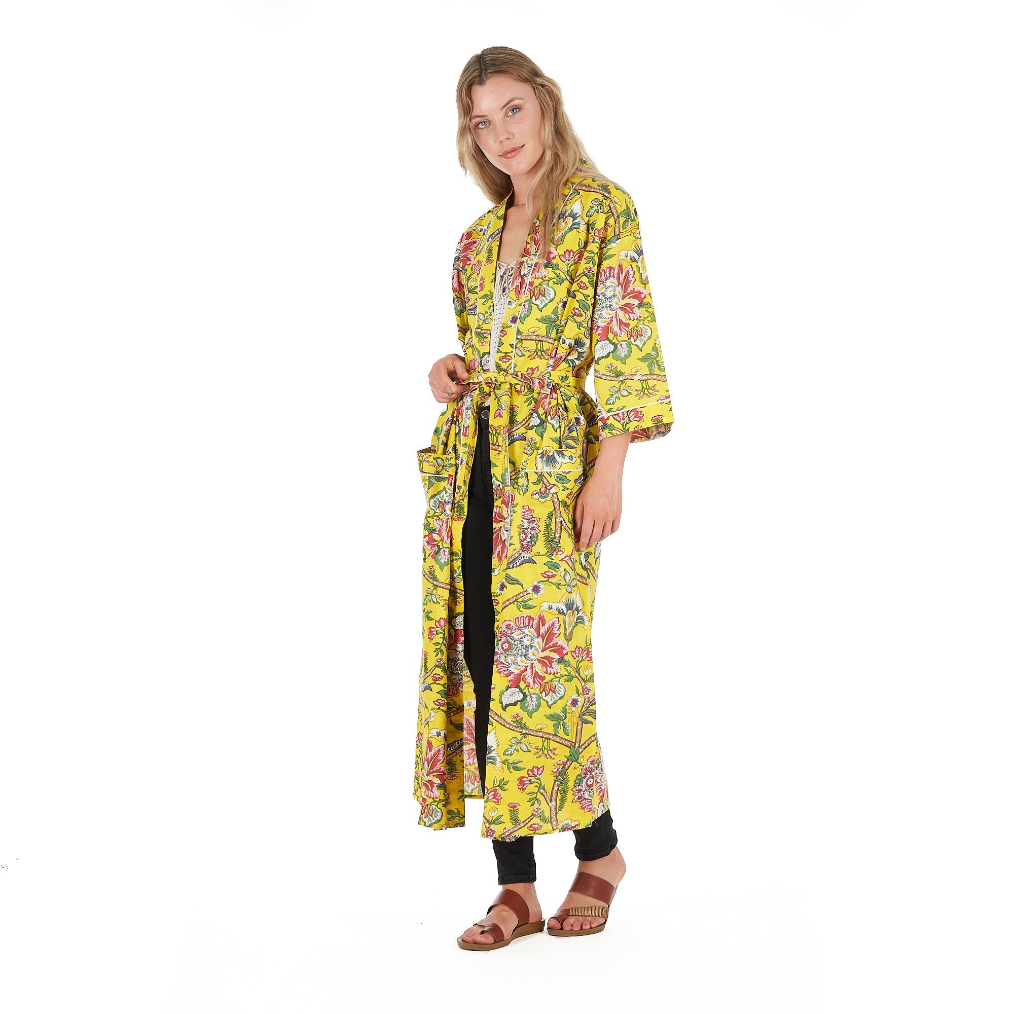 Lemon Floral Hues Cotton Kimono Robe