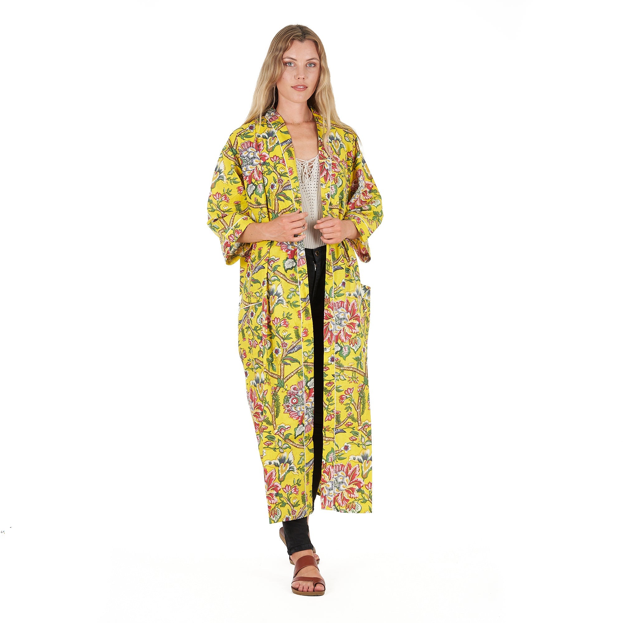 Lemon Floral Hues Cotton Kimono Robe