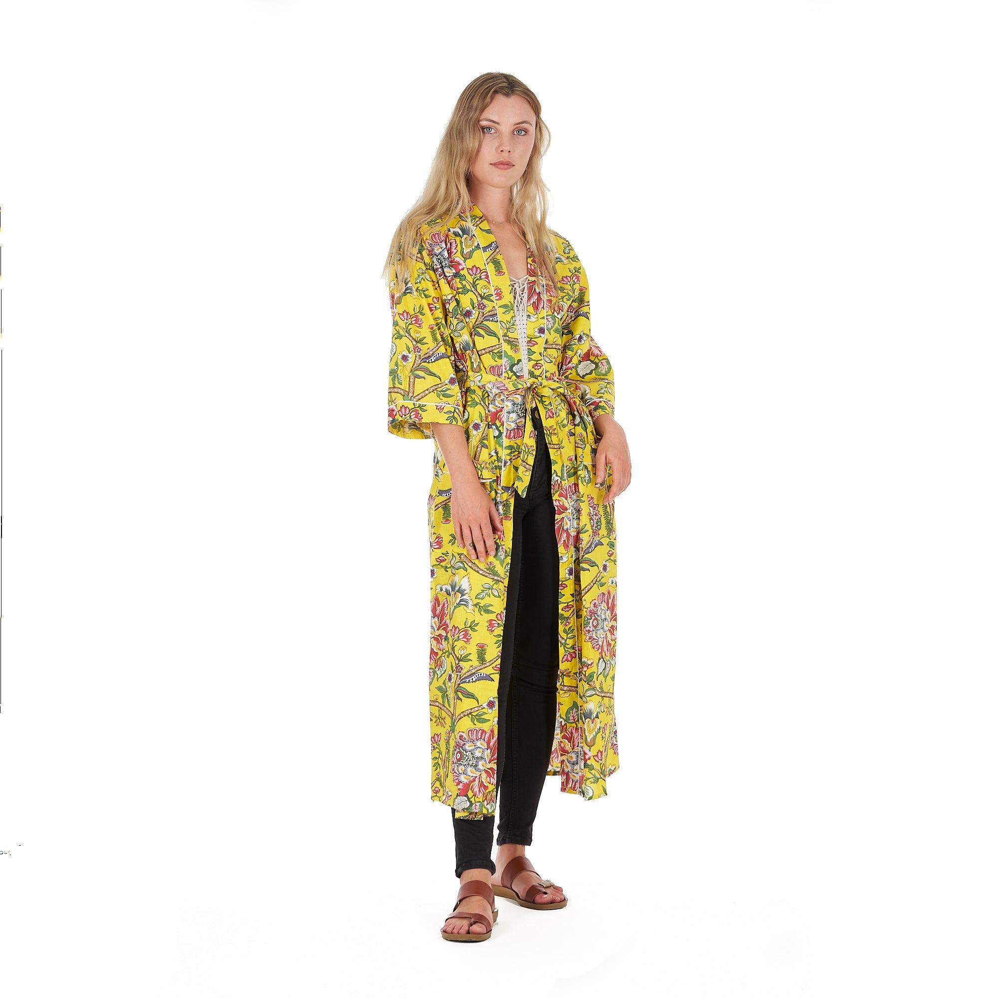 Lemon Floral Hues Cotton Kimono Robe