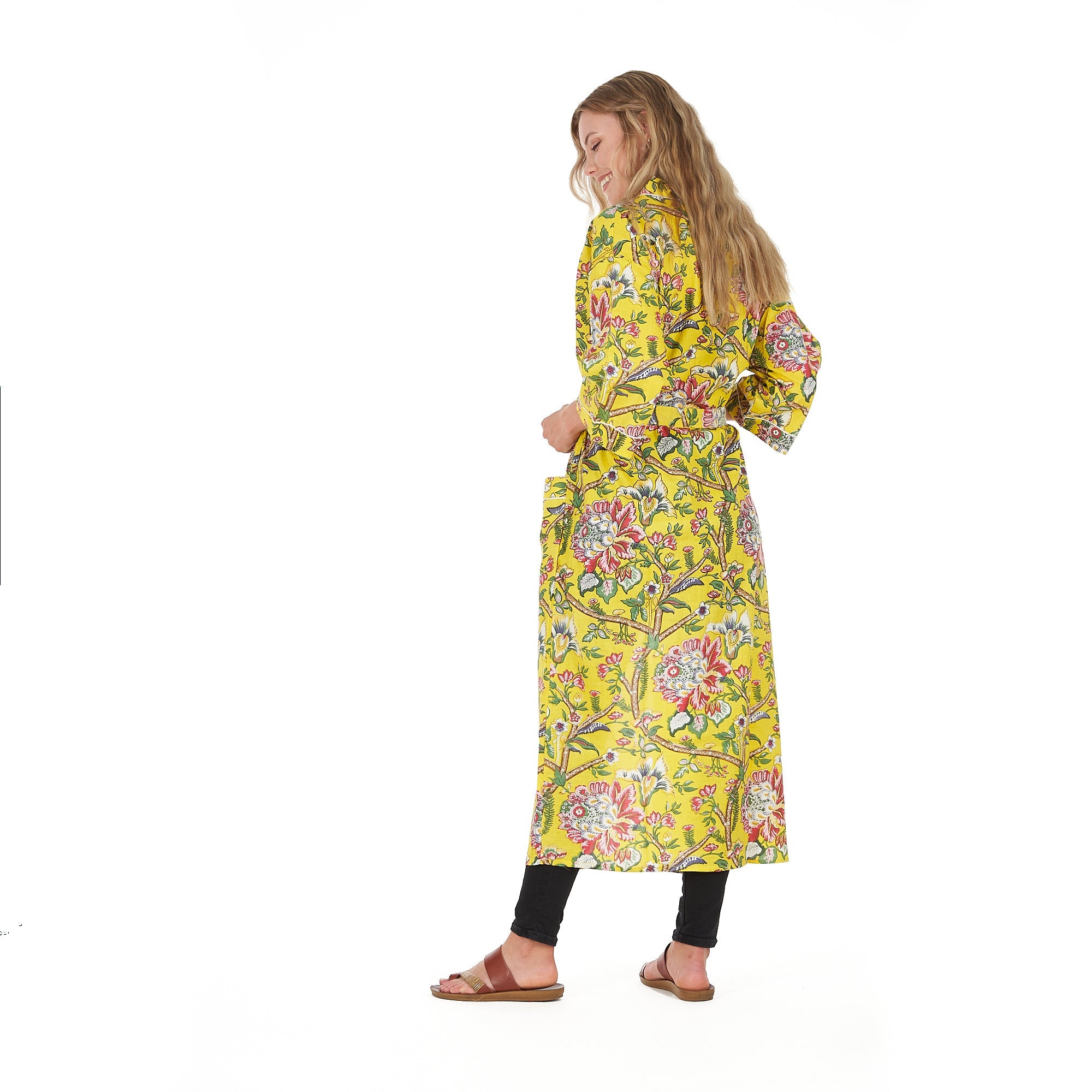 Lemon Floral Hues Cotton Kimono Robe