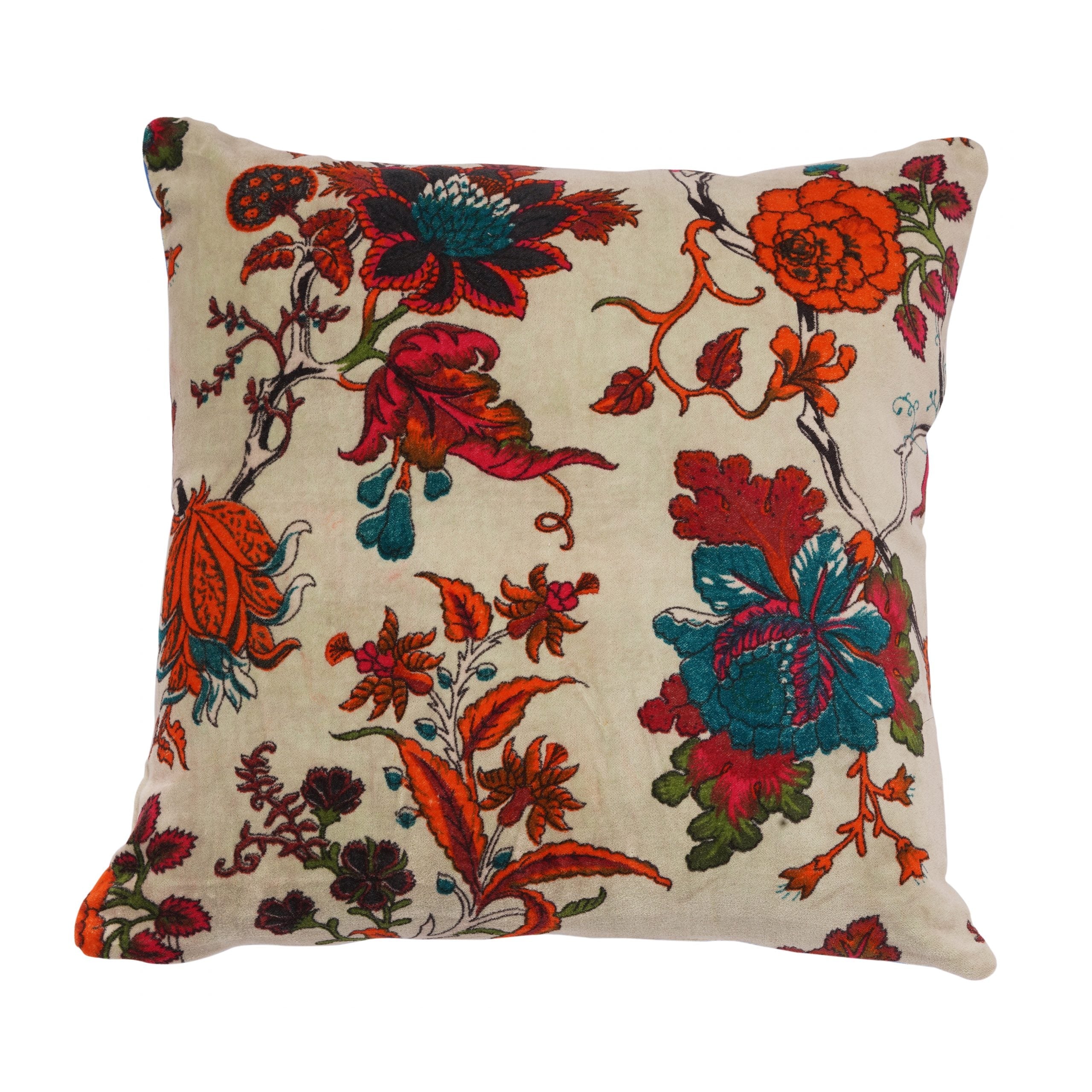 Cotton Velvet Floral Cushion - Beige